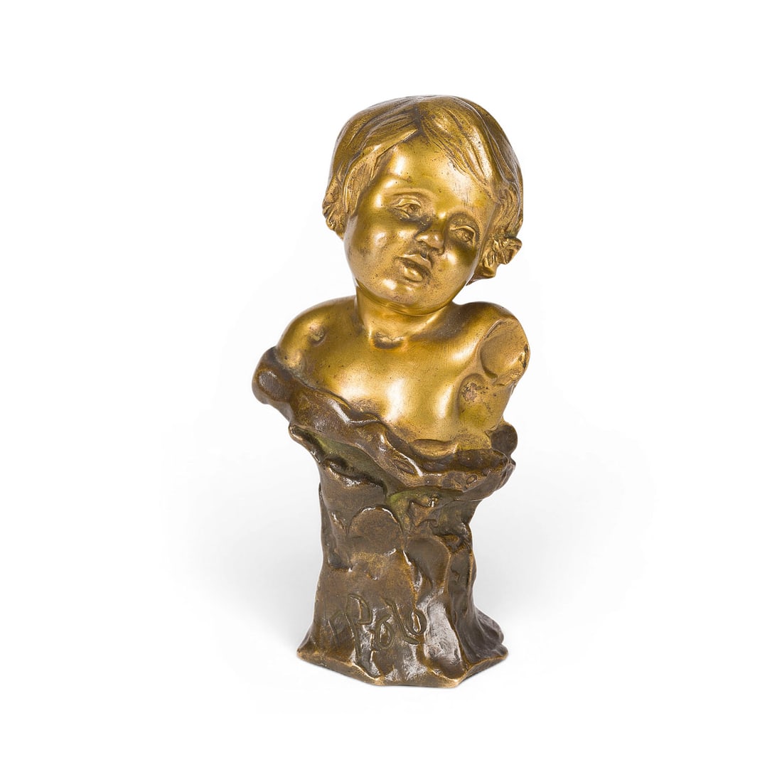 CHARLES-RENE DE SAINT-MARCEAUX | 'KINDERBUeSTE / PUTTO': CHARLES-RENE DE SAINT-MARCEAUX 1845 Reims - 1915 Paris 'BUST OF A CHILD / PUTTO' France, 1897 Bronze with gilt and dark patina. H. 14, W. 7.5, D. 6 cm; weight approx. 0.72 kg. Inscribed 'F. Polo' on t
