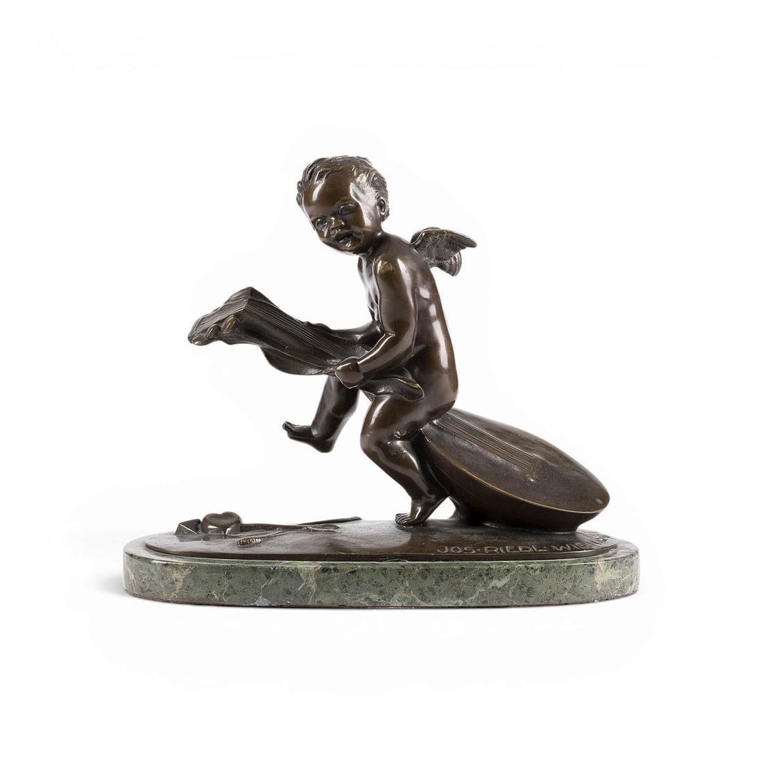 JOSEF FRANZ RIEDL | 'AMOR MIT GROSSER LAUTE': JOSEF FRANZ RIEDL 1884 Vienna - 1965 Vienna 'CUPID WITH A LARGE LUTE' Bronze, dark patina, on an oval plinth and marble base (H. 2 cm). H. 21, W. 26.5, D. 12.5 cm; weight approx. 3.9 kg. Inscribed on 