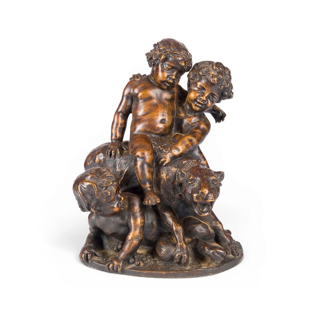 CLAUDE MICHEL CLODION | DREI 'KINDERBACCHANTEN MIT RAUBKATZE': CLAUDE MICHEL CLODION 1738 Nancy - 1814 Paris (attributed) THREE 'CHILD BACCHANTS WITH A PANTHER Bronze, dark patina with partial gold-toned highlights, on a round plinth. H. 31, W. 26.5, D. 22 cm; we