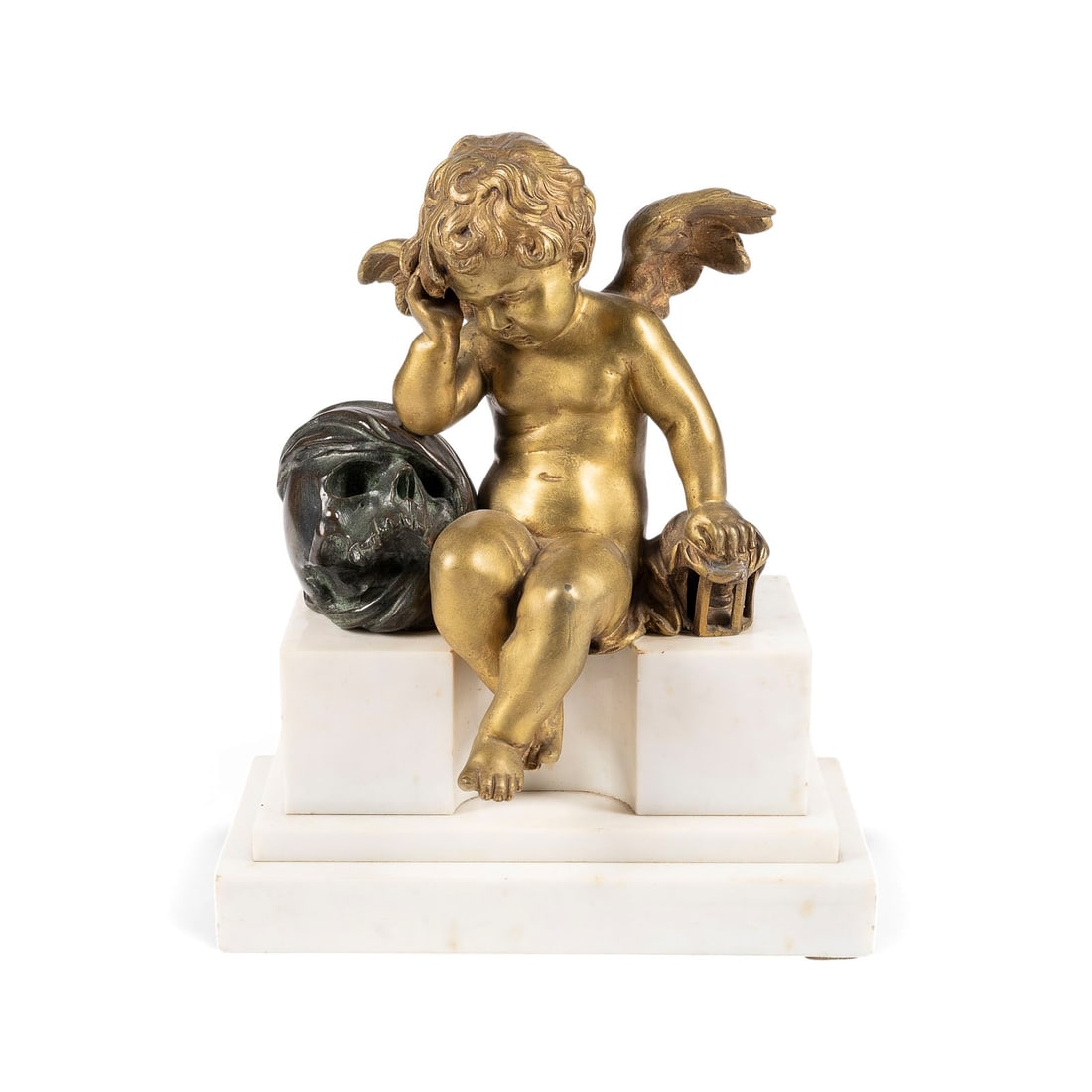 LOUIS AUGUSTE MOREAU | 'ENFANT PLEUREUR' ('DER WEINENDE ENGEL MIT TOTENSCHAeDEL)': LOUIS AUGUSTE MOREAU 1855 Paris - 1919 Paris 'ENFANT PLEUREUR' ('WEEPING ANGEL WITH SKULL') Bronze with gold and dark patina, on a stepped marble base. H. 30, W. 24, D. 12 cm. Inscribed 'Aug. moreau' 
