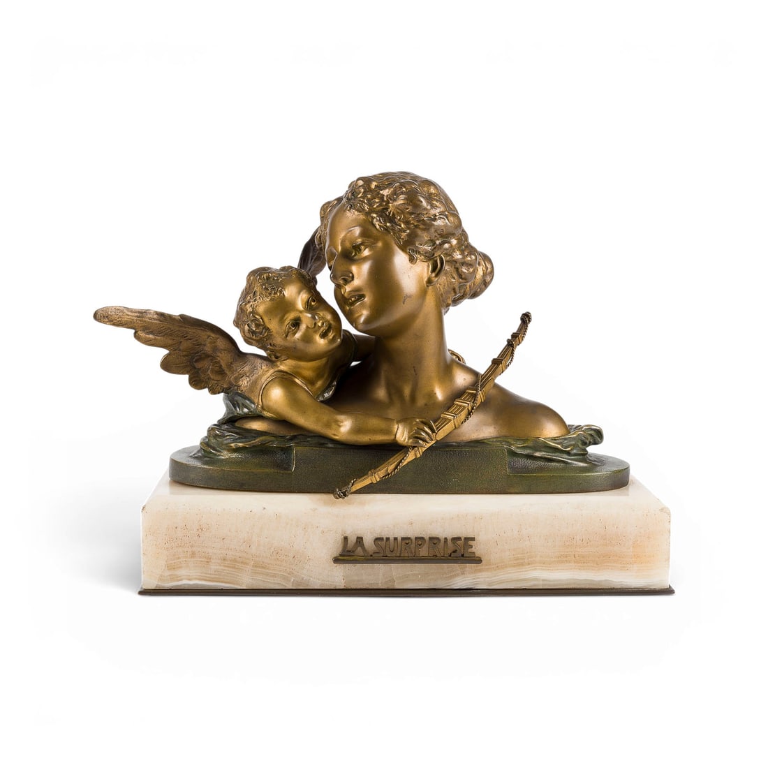A. BESSERDICH | 'LA SURPRISE': A. BESSERDICH Active 1900-1920 in Austria 'LA SURPRISE' Bronze with gold patina, on an oval plinth and rectangular marble base (H. 6 cm). H. 23, W. 30, D. 13 cm; weight approx. 8.8 kg. Titled on the f