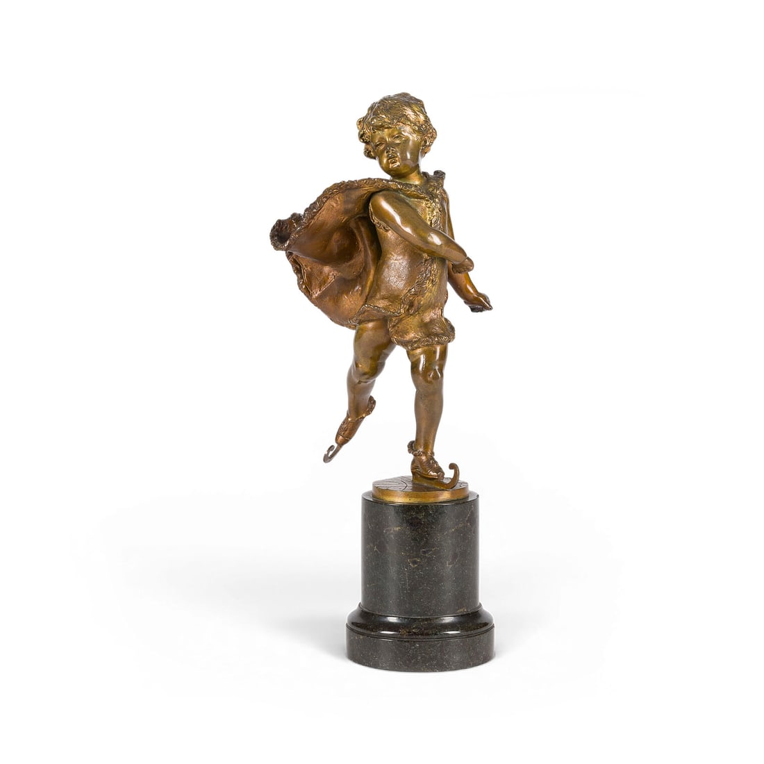 FRANZ IFFLAND | 'SCHLITTSCHUHLAeUFER': FRANZ IFFLAND 1862 Berlin - 1935 Berlin 'ICE SKATER' Bronze, brown patina, on a round base (H. 8.5 cm). Total H. 28, W. 12, D. 10 cm, weight approx. 1.71 kg. Signed 'F. Iffland' on the plinth. Fully m