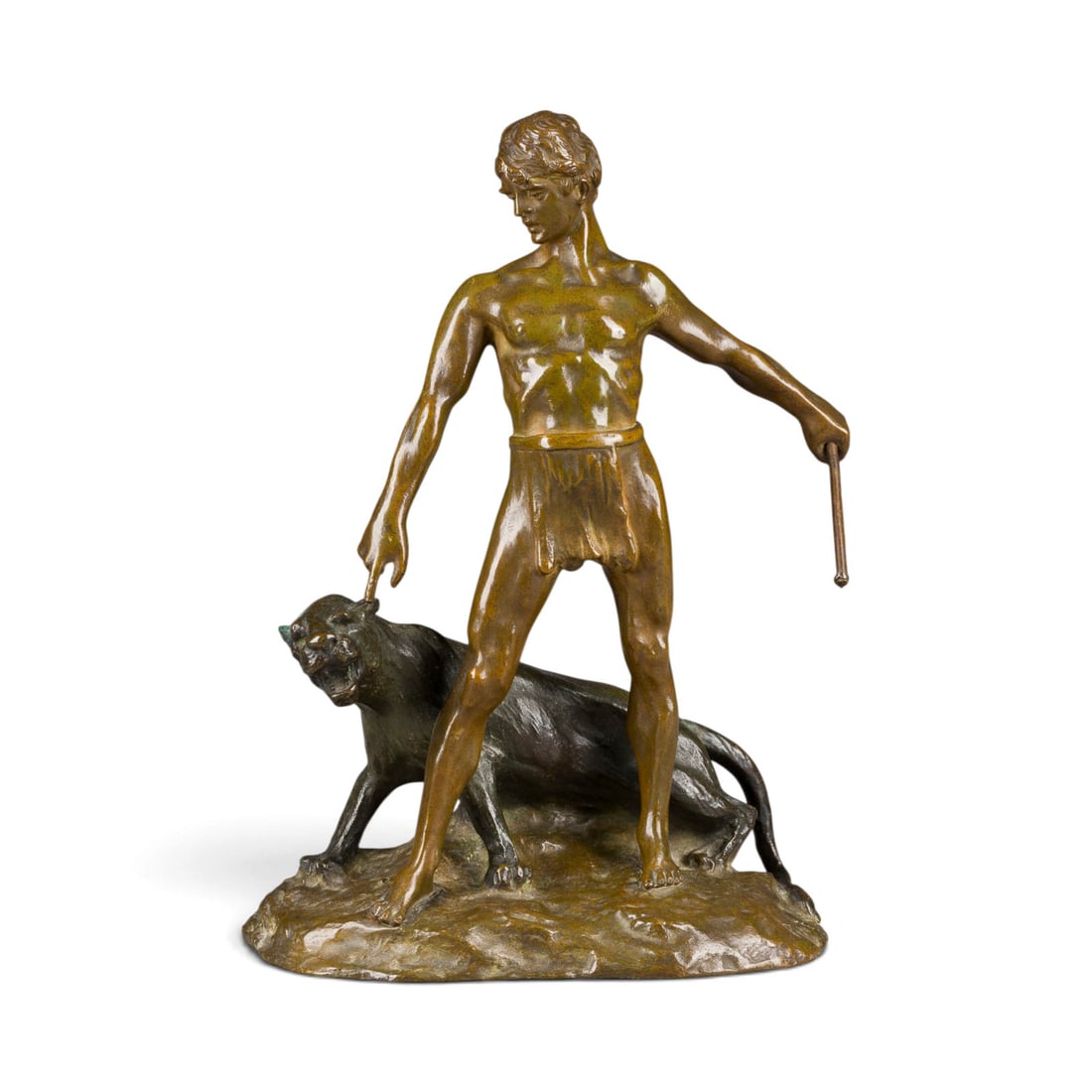 EMIL PINEDO | JUeNGLING MIT PANTHER UND STAB: EMIL PINEDO 1840 Paris - 1916 ibid. YOUNG MAN WITH PANTHER AND STAFF Bronze, brown patina, on naturalistic plinth. H. 24, W. 16, D. 11 cm, weight approx. 2.23 kg. Marked 'Pinedo' on the side, marked '