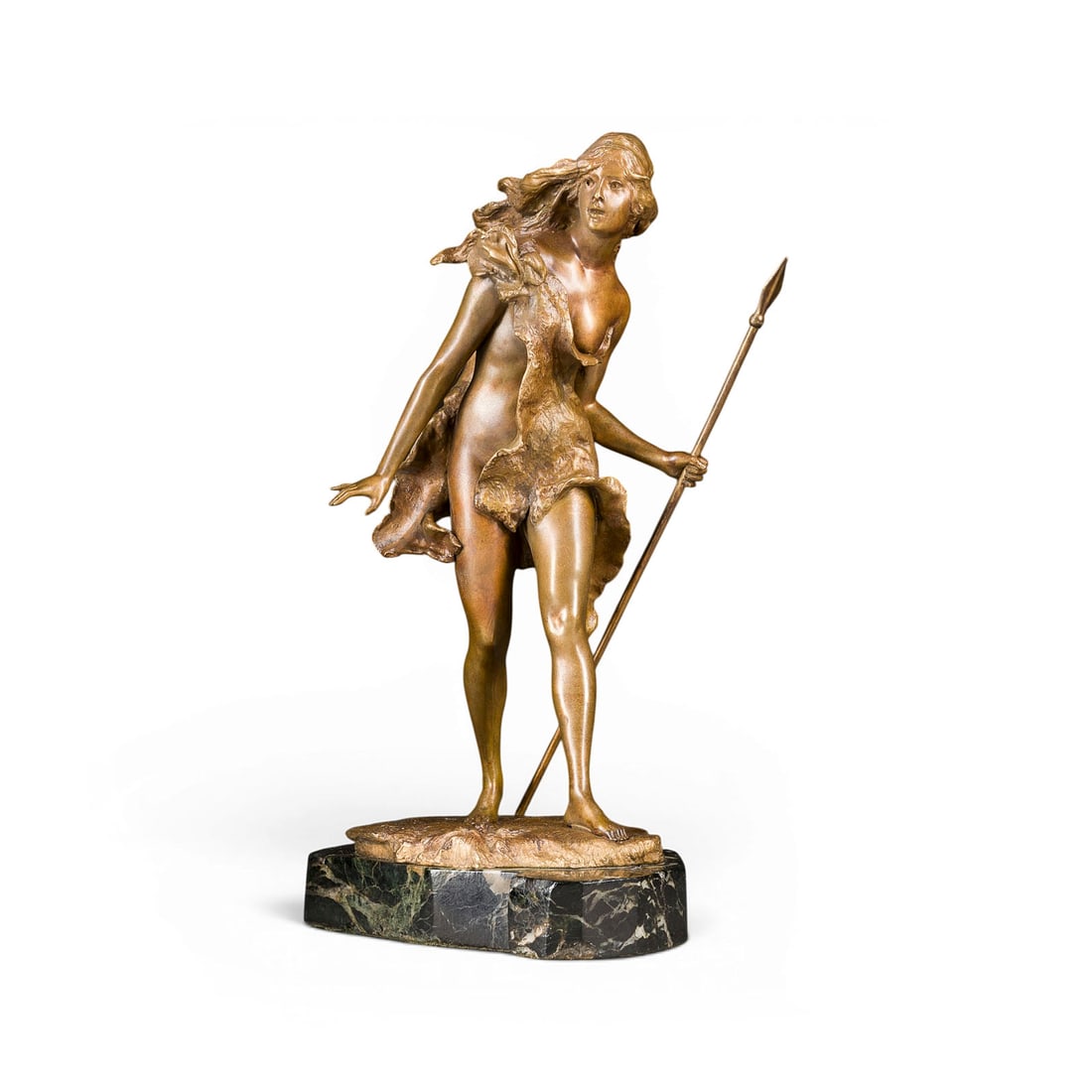 PAUL LUDWIG KOWALCZEWSKI | DIANA MIT SPEER: PAUL LUDWIG KOWALCZEWSKI 1865 Mieltschin - 1910 Berlin DIANA WITH SPEAR Bronze, gilt patina, on naturalistic plinth and marble base (H. 3 cm). Total H. 33, W. 20, D. 14 cm, weight approx. 4.1 kg. Mark