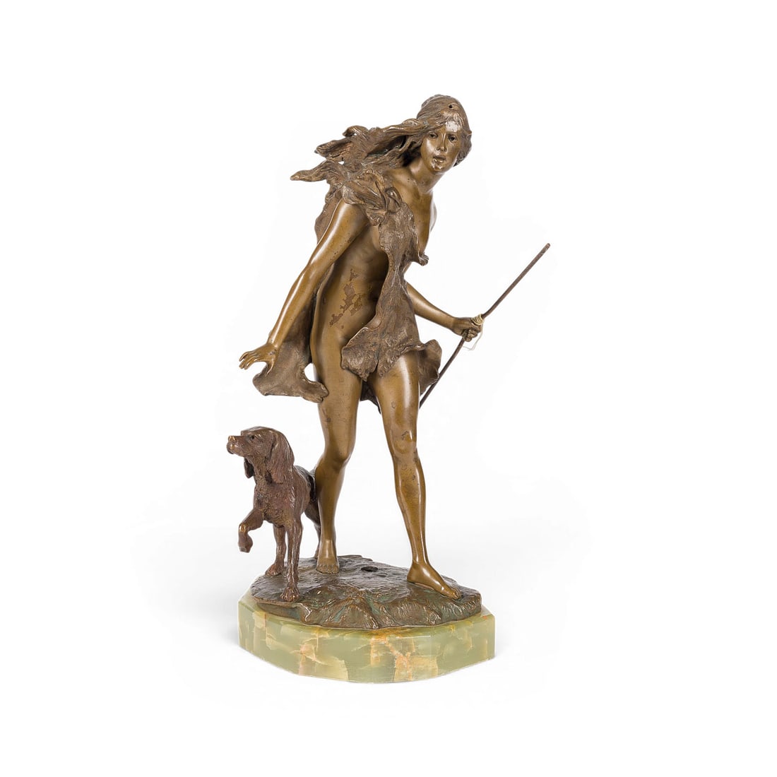 PAUL LUDWIG KOWALCZEWSKI | DIANA MIT EINEM JAGDHUND: PAUL LUDWIG KOWALCZEWSKI 1865 Mieltschin - 1910 Berlin DIANA WITH A HUNTING DOG Bronze, brown patina, on a polygonal marble base (H. 3 cm). Total height 33 cm, width 17.5 cm, depth 21 cm; weight appro