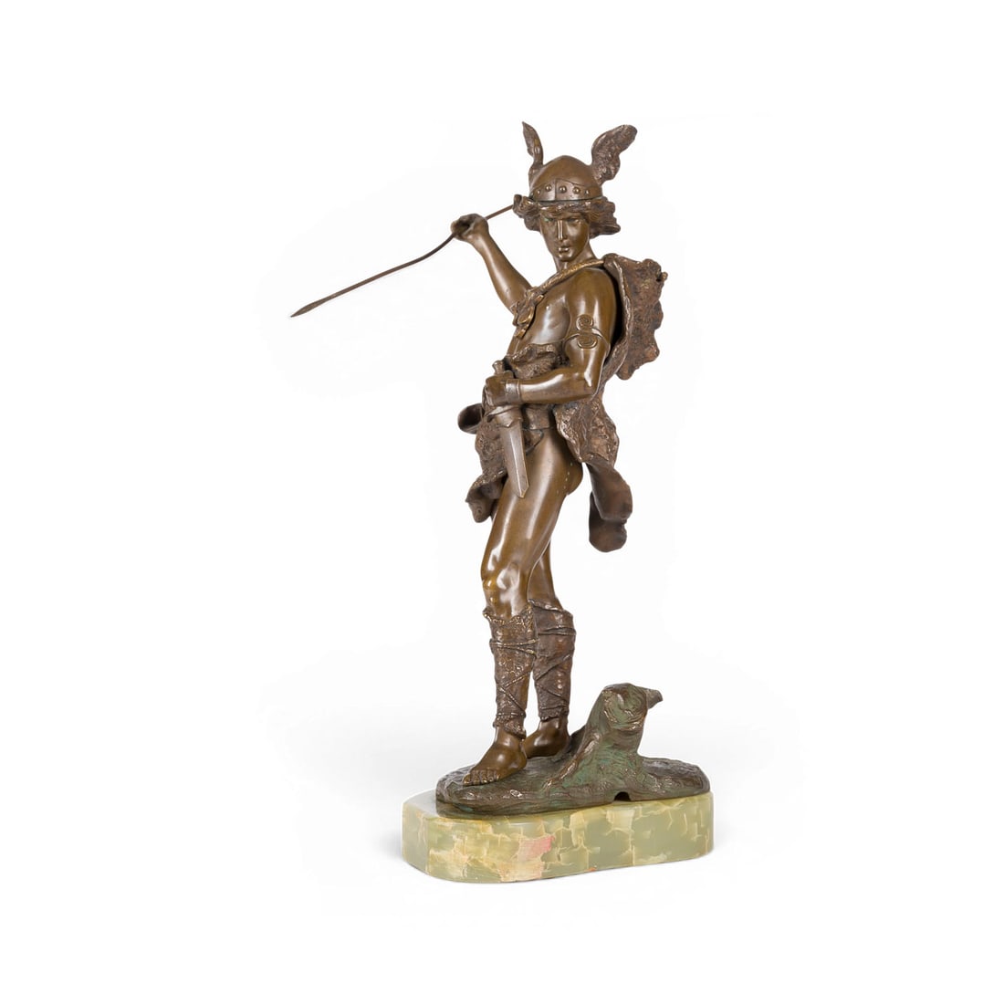 PAUL LUDWIG KOWALCZEWSKI | 'GERMANISCHER KRIEGER': PAUL LUDWIG KOWALCZEWSKI 1865 Mieltschin - 1910 Berlin 'GERMANIC WARRIOR' Bronze with a light golden-brown patina, mounted on a base (H. 3 cm). Total H. 35 cm, W. 17 cm, D. 16 cm; weight approx. 3.85 