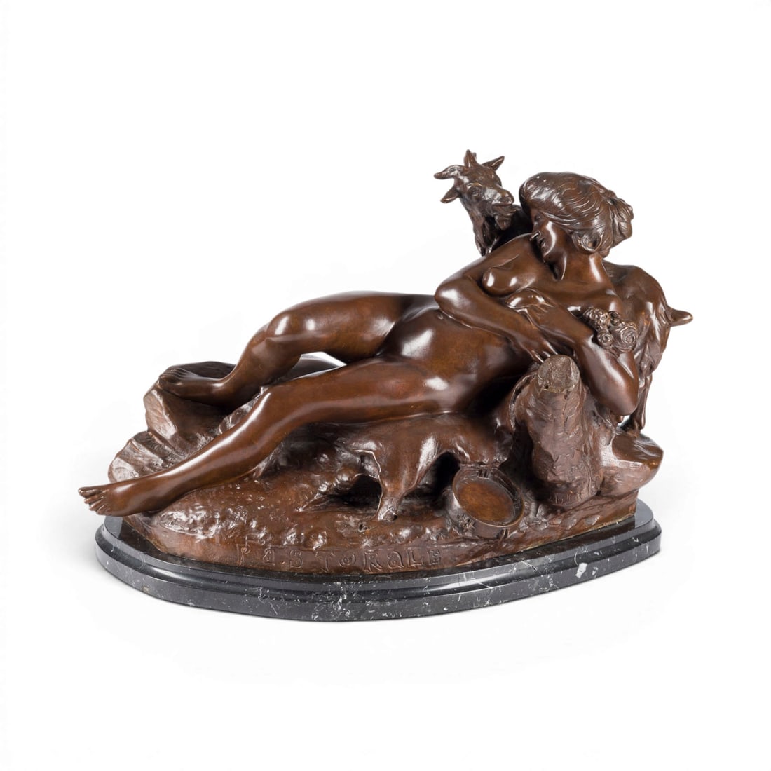 JEAN ANTOINE INJALBERT | GROSSE LIEGENDE NYMPHE MIT ZIEGE 'PASTORALE': JEAN ANTOINE INJALBERT 1845 Beziers - 1933 Paris LARGE RECLINING NYMPH WITH GOAT ('PASTORALE') Bronze with dark brown patina, on an oval marble base. H. 49, W. 70, D. 33 cm. Titled 'Pastorale' and sig