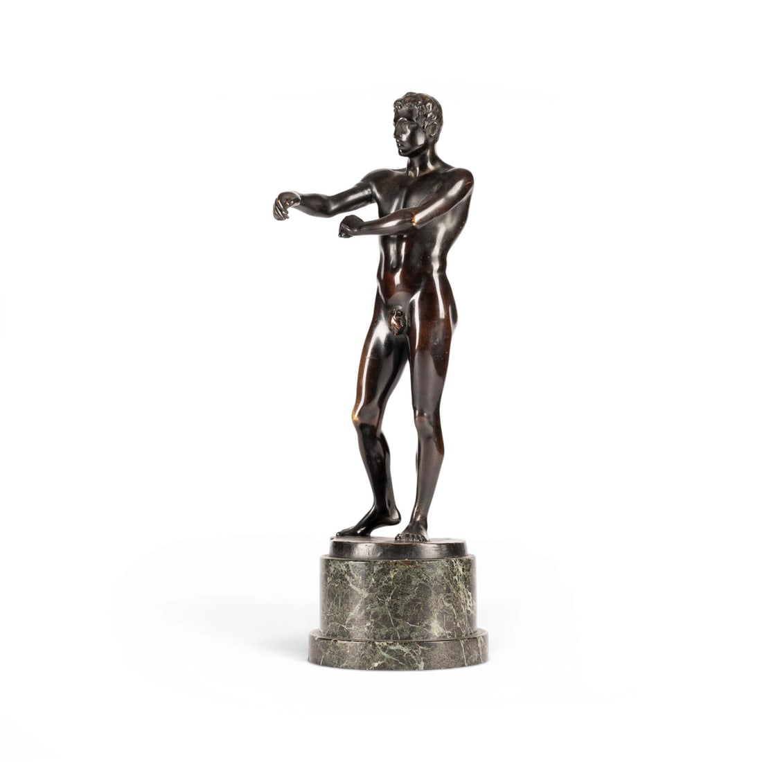 HANS MUeLLER | APOXYOMENOS (STEHENDER MAeNNER AKT): HANS MUeLLER 1873 Vienna - 1937 Vienna APOXYOMENOS (STANDING MALE NUDE) Bronze, dark patina, on a round plinth and marble base (h. 8 cm). Total dimensions: H. 42, W. 13, D. 16 cm; weight approx. 4.52 