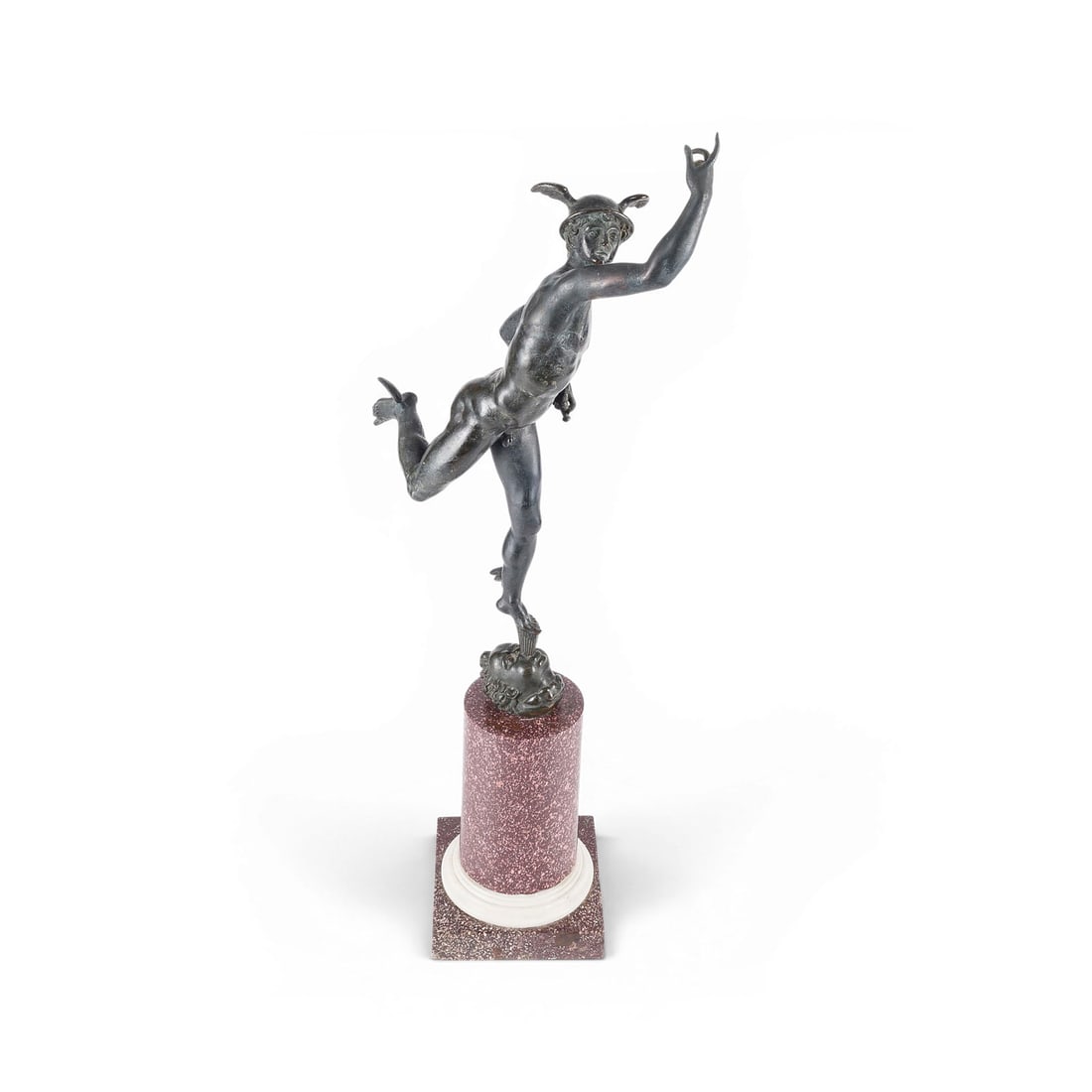 GIOVANNI BOLOGNA GEN. GIAMBOLOGNA | HERMES / MERKUR: GIOVANNI BOLOGNA (known as GIAMBOLOGNA) 1529 Douai - 1608 Florence (after) HERMES / MERCURY Bronze, dark patina, on a columnar marble base (H. 21.5 cm). Total height 69 cm, width 13.5 cm, depth 26 cm,