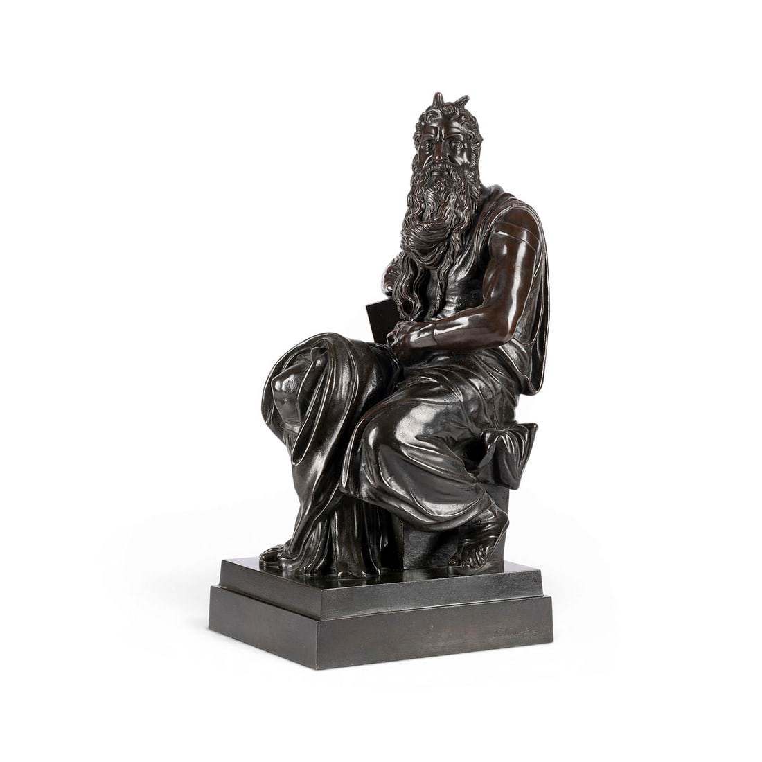 MICHELANGELO BUONARROTI | SITZENDER MOSES: MICHELANGELO BUONARROTI 1475 Caprese - 1564 Rome (after) SEATED MOSES Bronze, dark brown patina. H. 52, W. 25, D. 30 cm. Finely executed reduction after Michelangelo's famous monumental figure of