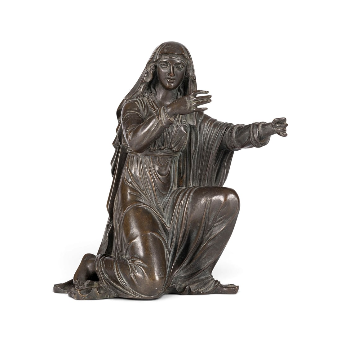 UNBEKANNTER BILDPLASTIKER | KNIENDE MARIA: UNKNOWN SCULPTOR Active 19th/20th century KNEELING VIRGIN MARY Bronze, dark patina. H. 17.5, W. 16, D. 11 cm; weight approx. 1.49 kg. Fully modeled figure of the kneeling Virgin Mary, wearing