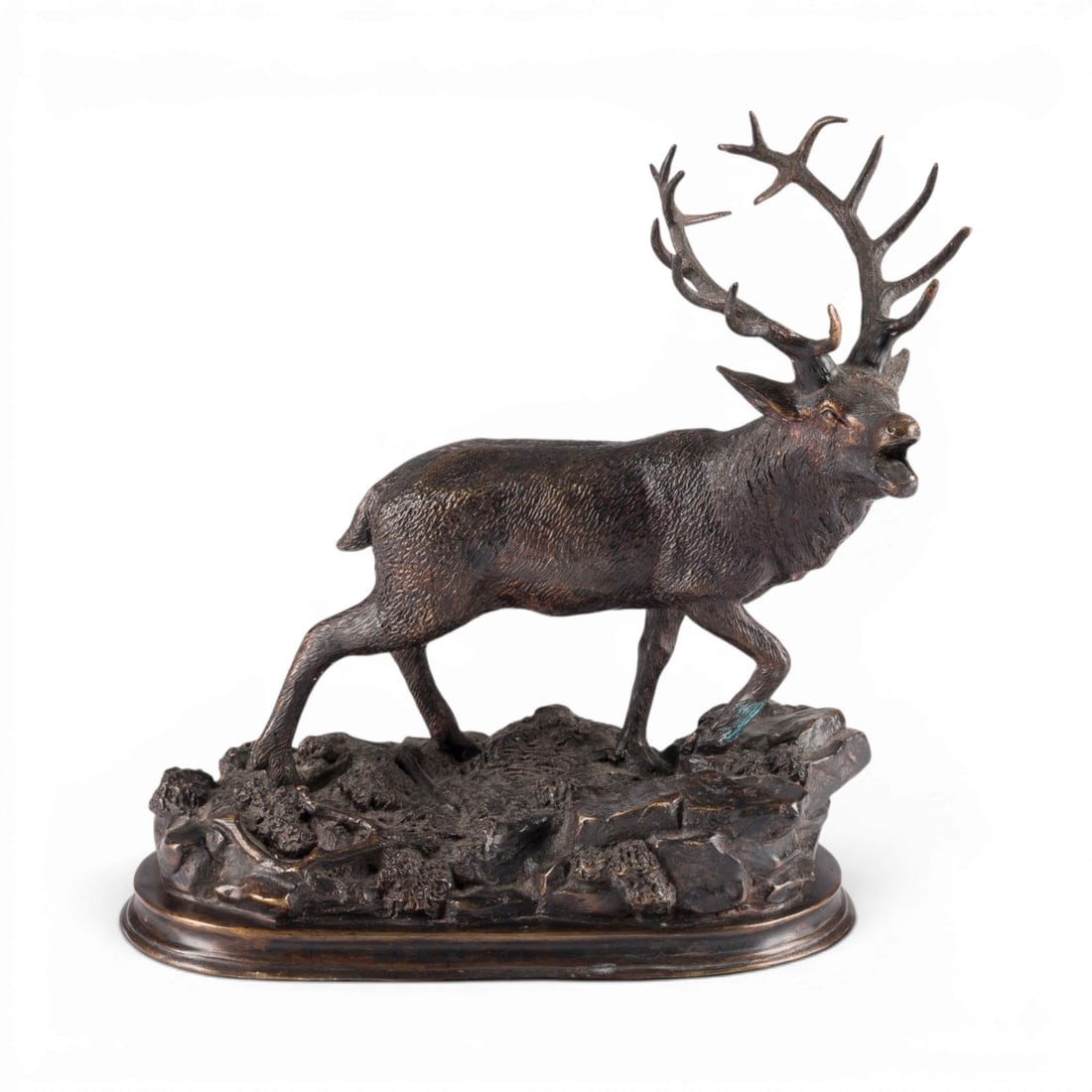CHRISTOPHE FRATIN | ROeHRENDER HIRSCH: CHRISTOPHE FRATIN 1801 Metz - 1864 Le Raincy (after) ROARING STAG Bronze, dark patina, on a naturalistic base. H. 30, W. 31, D. 15.5 cm; weight approx. 3.13 kg. Inscribed 'Fratin' on the back; after
