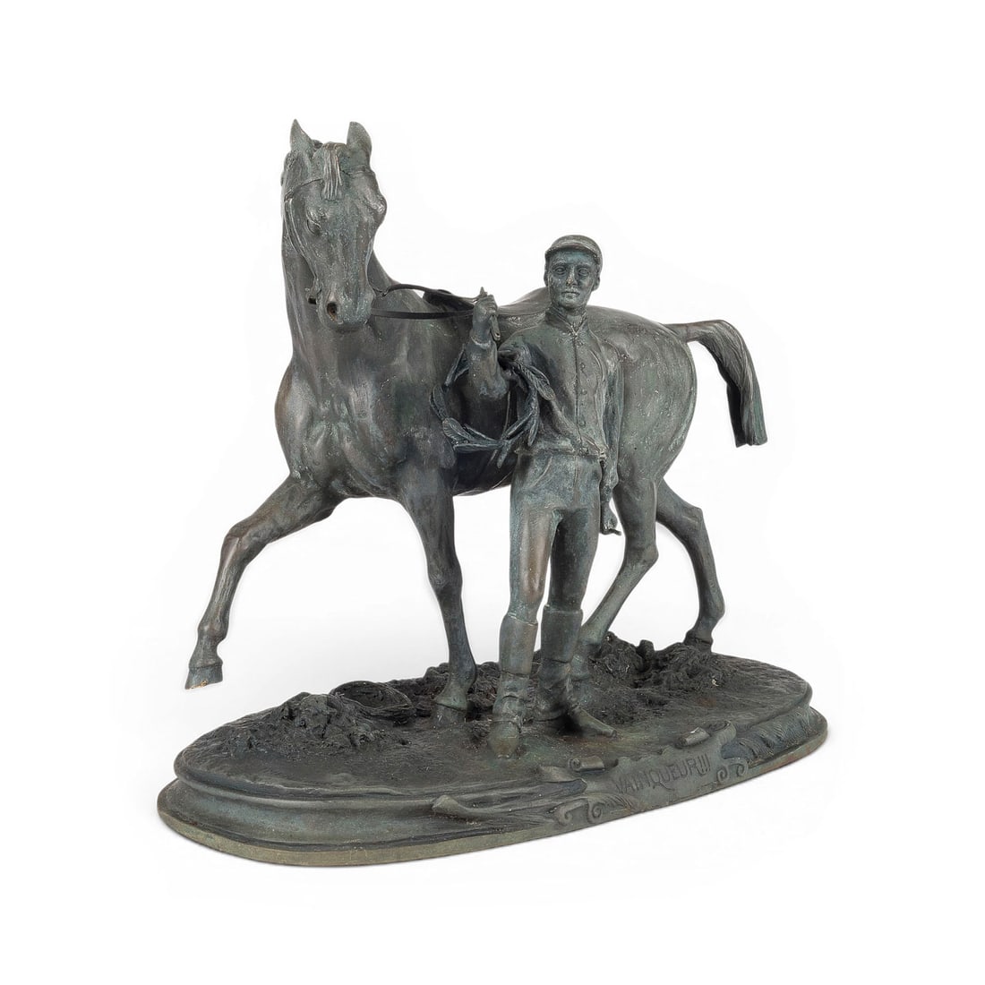 PIERRE-JULES MENE | 'VAINQUEUR III': PIERRE-JULES MENE 1810 Paris - 1879 Paris 'VAINQUEUR III' Bronze, black patina, on an oval naturalistic plinth. H. 32.5, L. 39, D. 21 cm; weight approx. 7.2 kg. Signed 'P. J. M?ne' and dated '1866'