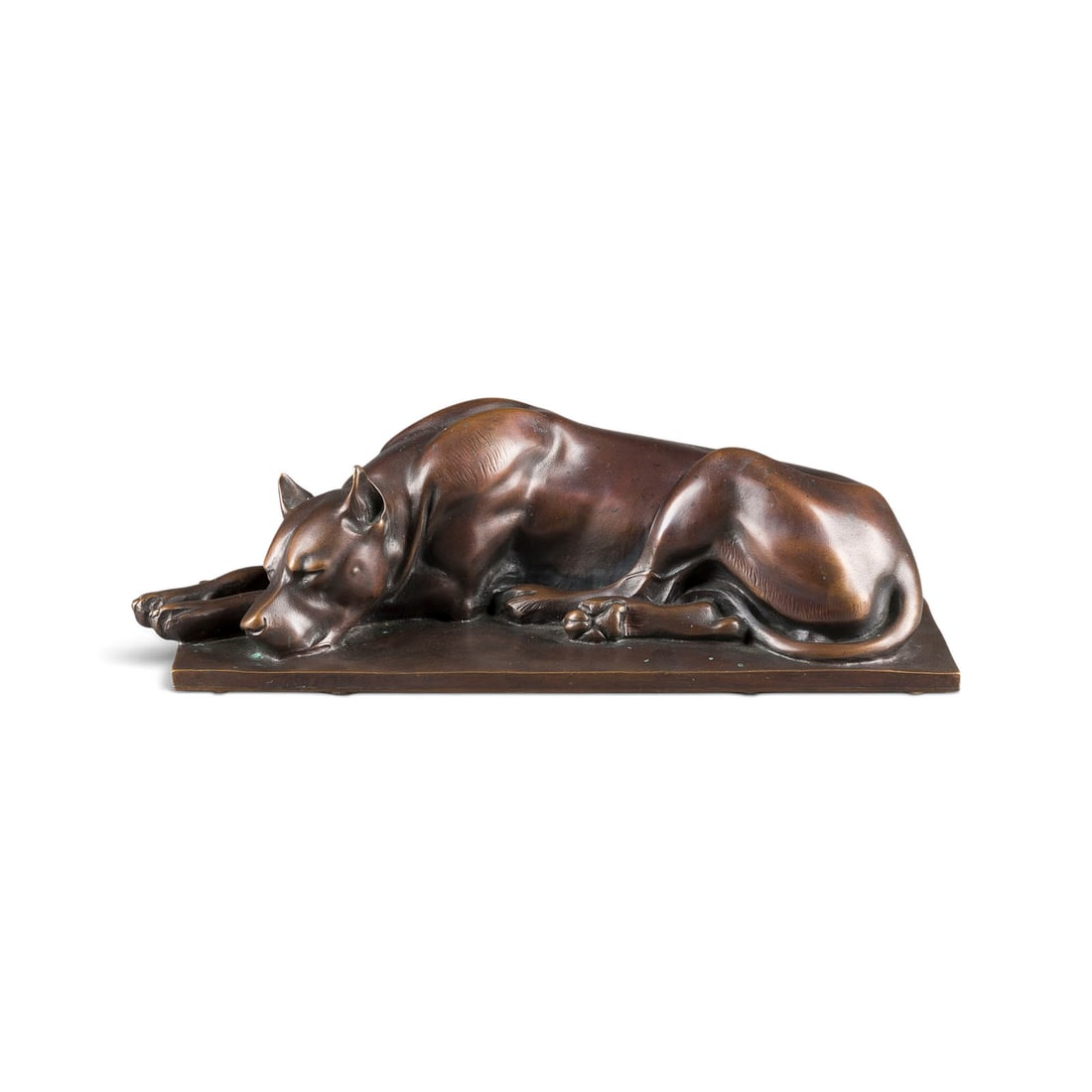 HANS HUGGLER-WYSS | SCHLAFENDER DOBERMANN: HANS HUGGLER-WYSS 1877 Brienz - 1947 Interlaken SLEEPING DOBERMAN 1913 Bronze, dark patina, on a rectangular plinth. H. 37, W. 15, D. 13 cm; weight approx. 9.98 kg. Inscribed 'H. Huggler' and dated