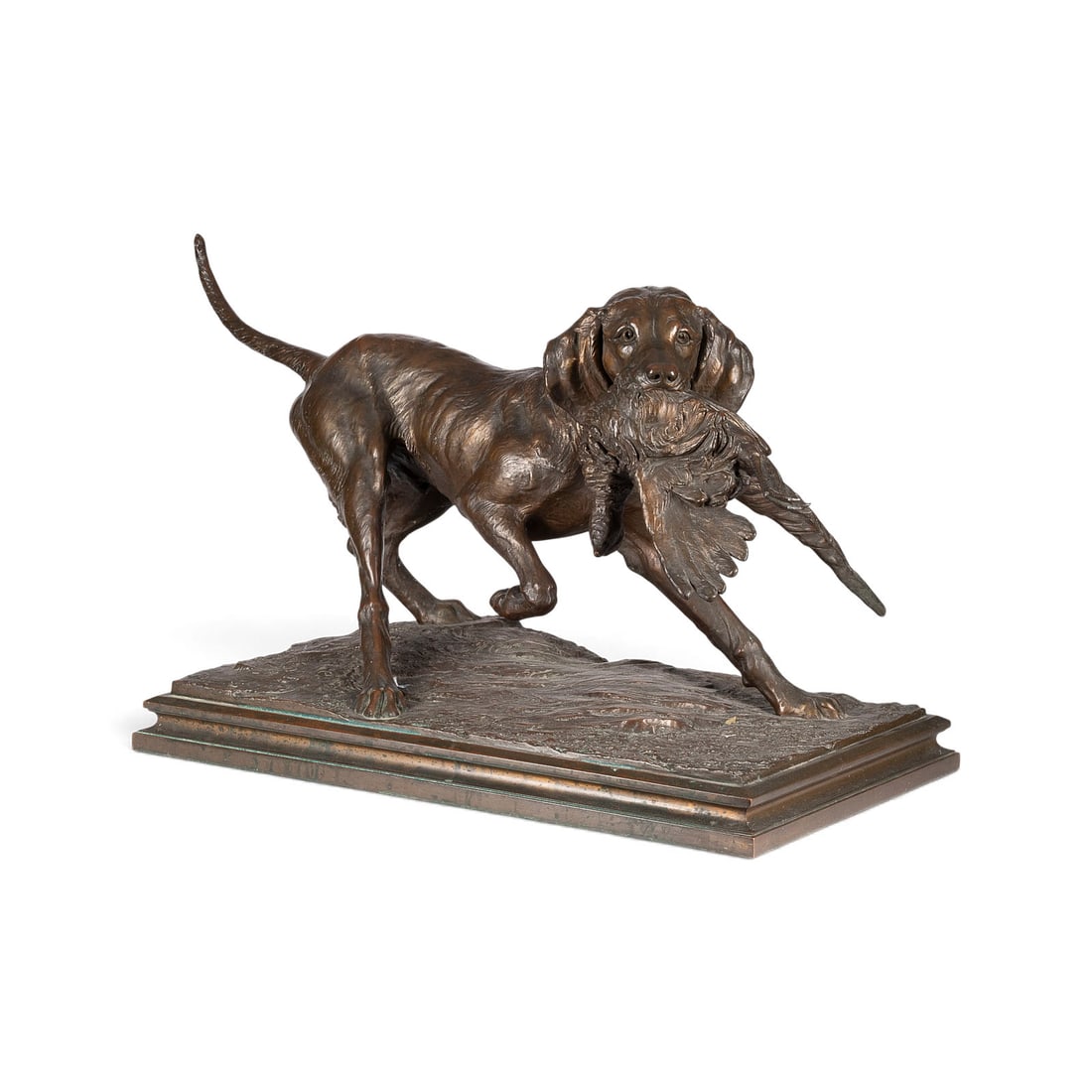 EMIL WUeNSCHE | MONUMENTALER JAGDHUND MIT ERLEGTEM FASAN: EMIL WUeNSCHE 1864 Greiffenberg - 1938 Rottach MONUMENTAL HUNTING DOG WITH A KILLED PHEASANT Bronze, dark patina, on a rectangular plinth. H. 53, W. 90, D. 45 cm. Signed 'E. Wuensche' on the plinth. A