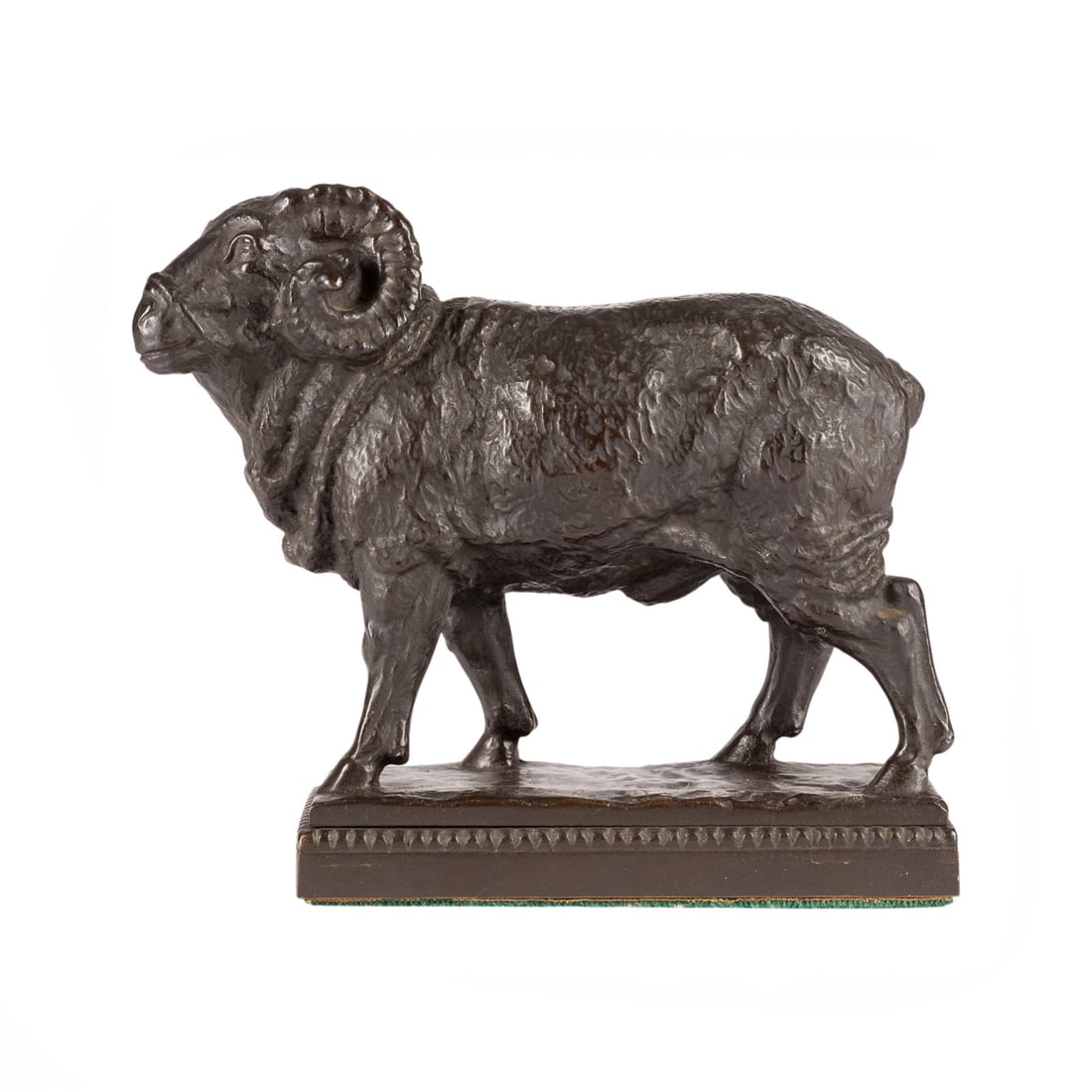 MELCHIOR VON HUGO | STEHENDER WIDDER: MELCHIOR VON HUGO 1872 Usingen - 1939 Hanover STANDING RAM Bronze, dark patina, on a rectangular plinth. H. 19.5, W. 21.5, D. 9.5 cm; weight approx. 4 kg. Inscribed 'M v. Hugo' on the side of the
