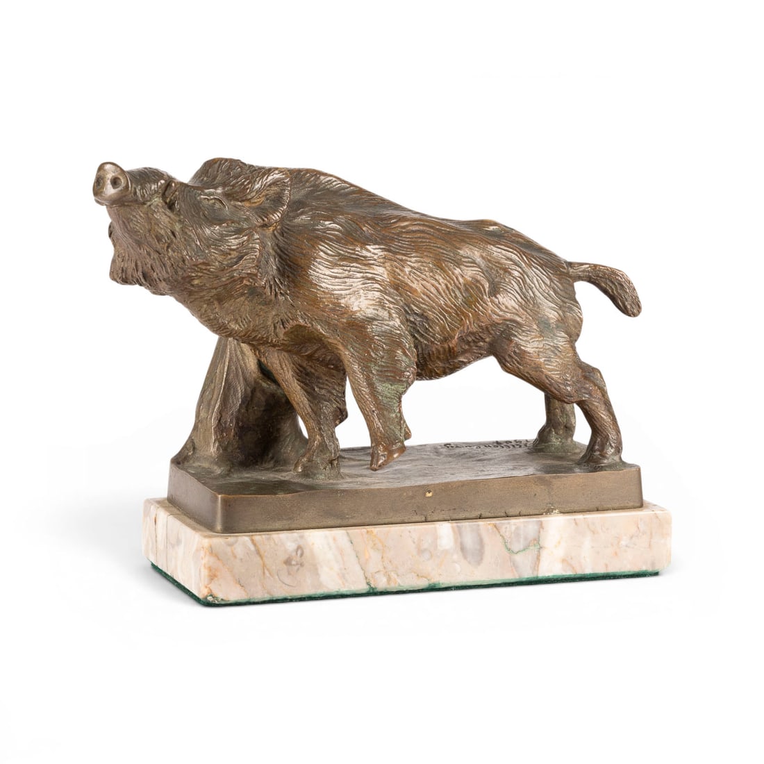 JOSEF FRANZ PALLENBERG | WILDSCHWEIN: JOSEF FRANZ PALLENBERG 1882 Cologne - 1946 Duesseldorf (after) WILD BOAR Bronze, dark patina, on a rectangular plinth and marble base (H. 2 cm). H. 14, W. 18.5, D. 9 cm; weight approx. 2.6 kg. Inscrib