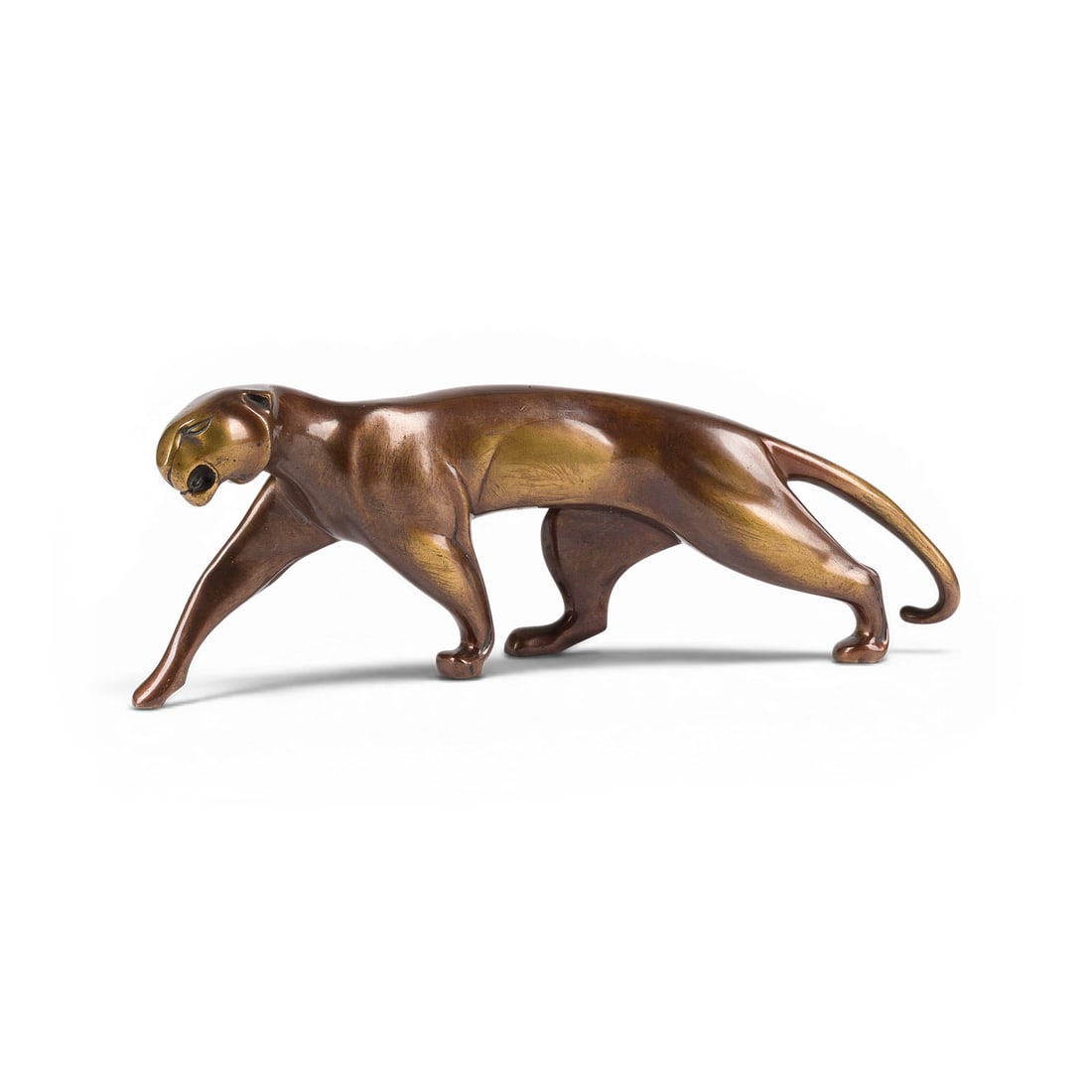 MICHEL DECOUX | 'PANTHERE MARCHANT': MICHEL DECOUX 1837 Liege - 1924 Liege 'PANTHERE MARCHANT' Bronze with dark golden patina. H. 12, L. 32, D. 6.5 cm. Signed 'Decoux' on the left hind leg; stamped 'BRONZE' alongside. Fully modeled