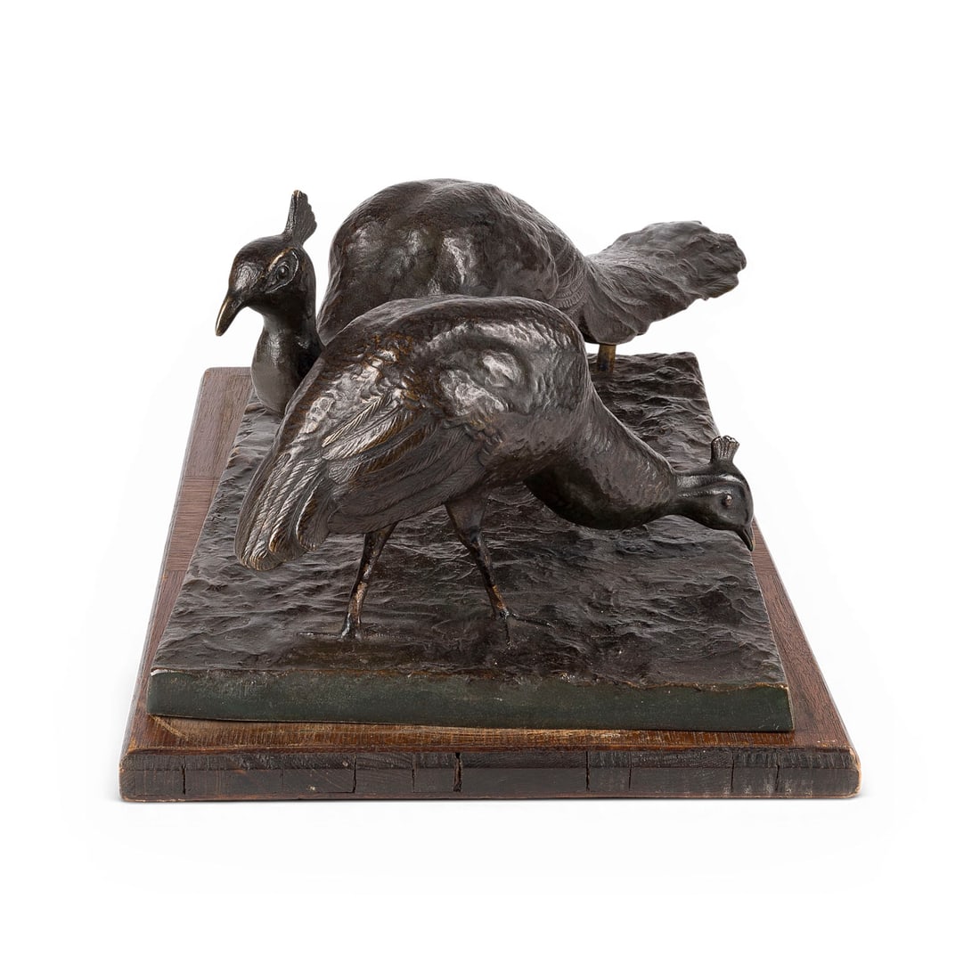 MARTA DUeCKER-ZAHN | 'PFAUENPAAR': MARTA DUeCKER-ZAHN 1888-1973 'PAIR OF PEACOCKS' Probably c. 1930 Bronze, dark patina, on a rectangular plinth and wooden base. H. 22, W. 53, D. 32 cm; weight approx. 14.7 kg. Inscribed 'M. Duecker Zah