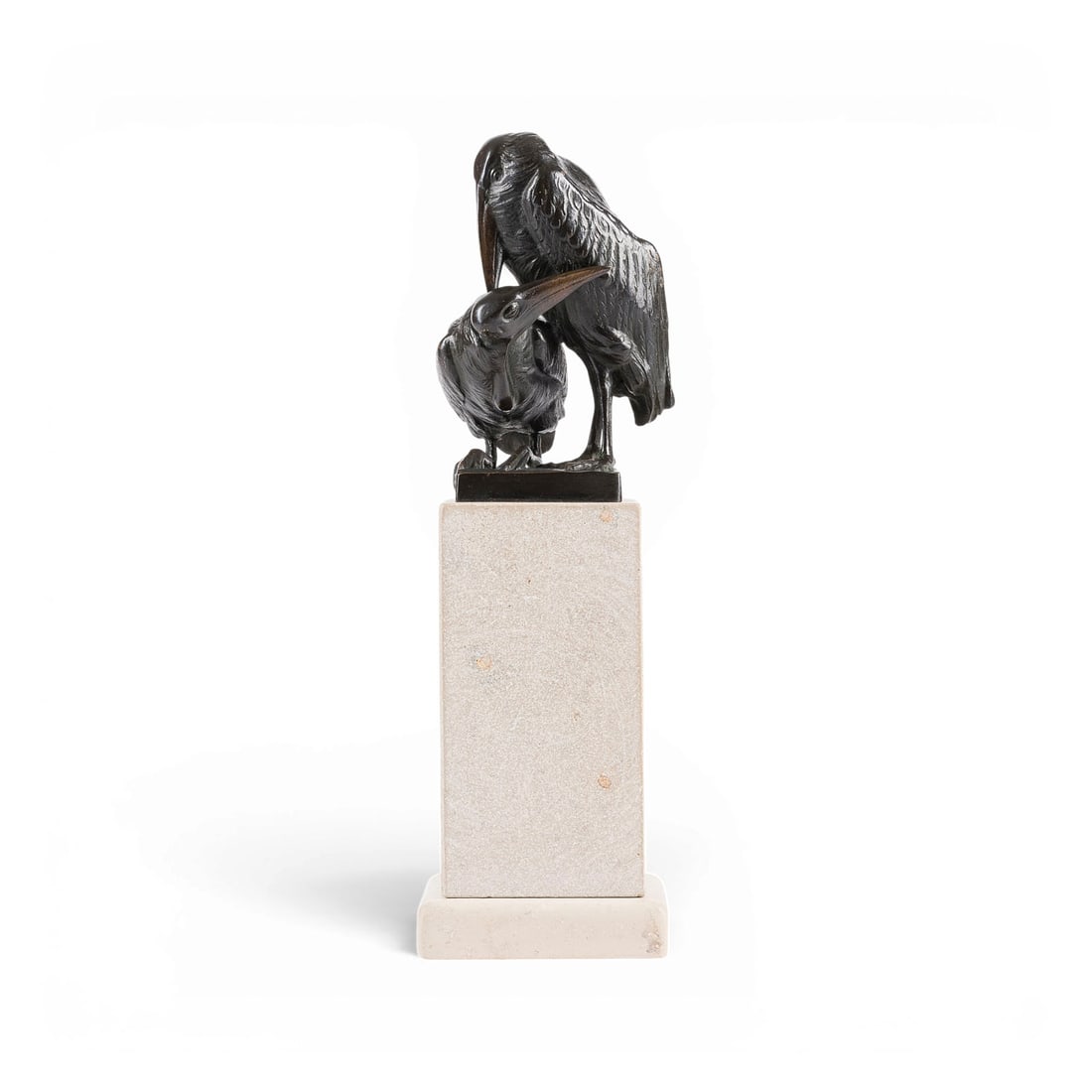 FRIEDRICH FRANZ BROCKMUeLLER | MARABUPAeRCHEN (LIEBESGEFLUeSTER): FRIEDRICH FRANZ BROCKMUeLLER 1880 Schwerin - 1958 Berlin PAIR OF MARABOU STORKS (LOVERS' WHISPERS) Bronze, dark patina, on a square plinth and a tall stone base (height 16 cm). Total height 28.5 cm, w