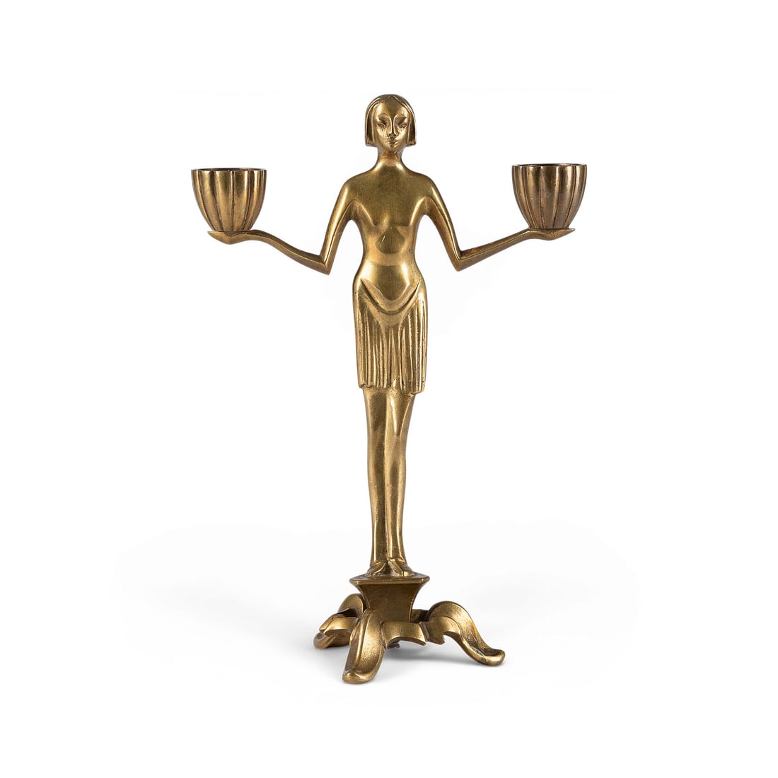 WIENER BILDPLASTIKER | ART DECO TAeNZERIN ALS KERZENLEUCHTER: VIENNESE SCULPTOR Active early 20th century ART DECO DANCER CANDLEHOLDER Bronze with gold patina. H. 20, W. 13.5, D. 8 cm; weight approx. 0.39 kg. Unsigned; likely circle of the Wiener Werkstaette. Tw