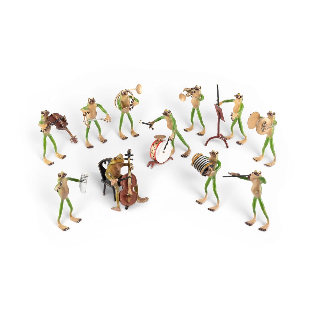 WIENER BILDPLASTIKER | KONVOLUT VON ELF FROSCHFIGUREN 'ORCHESTER': VIENNESE FIGURAL BRONZE MAKER Active in the 20th century COLLECTION OF ELEVEN FROG FIGURES: 'ORCHESTRA' Viennese bronze, polychrome finish. Heights ranging from 4.5 to 6 cm. Partially marked 'FH' and 