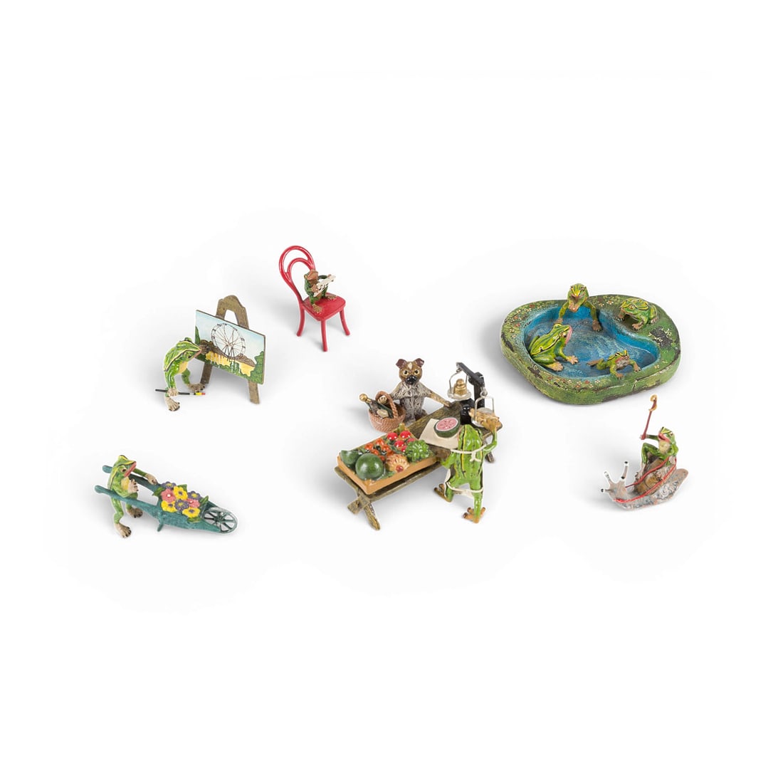 WIENER BILDPLASTIKER | KONVOLUT VON SECHS FROSCHFIGUREN 'ALLTAGSSZENEN': VIENNESE FIGURINE MAKER Active in the 20th century COLLECTION OF SIX FROG FIGURES: ''EVERYDAY SCENES'' Viennese bronze, polychrome finish. Height 2.5 to 5 cm. Some marked ''FBW'' (Fritz Bermann Vienna