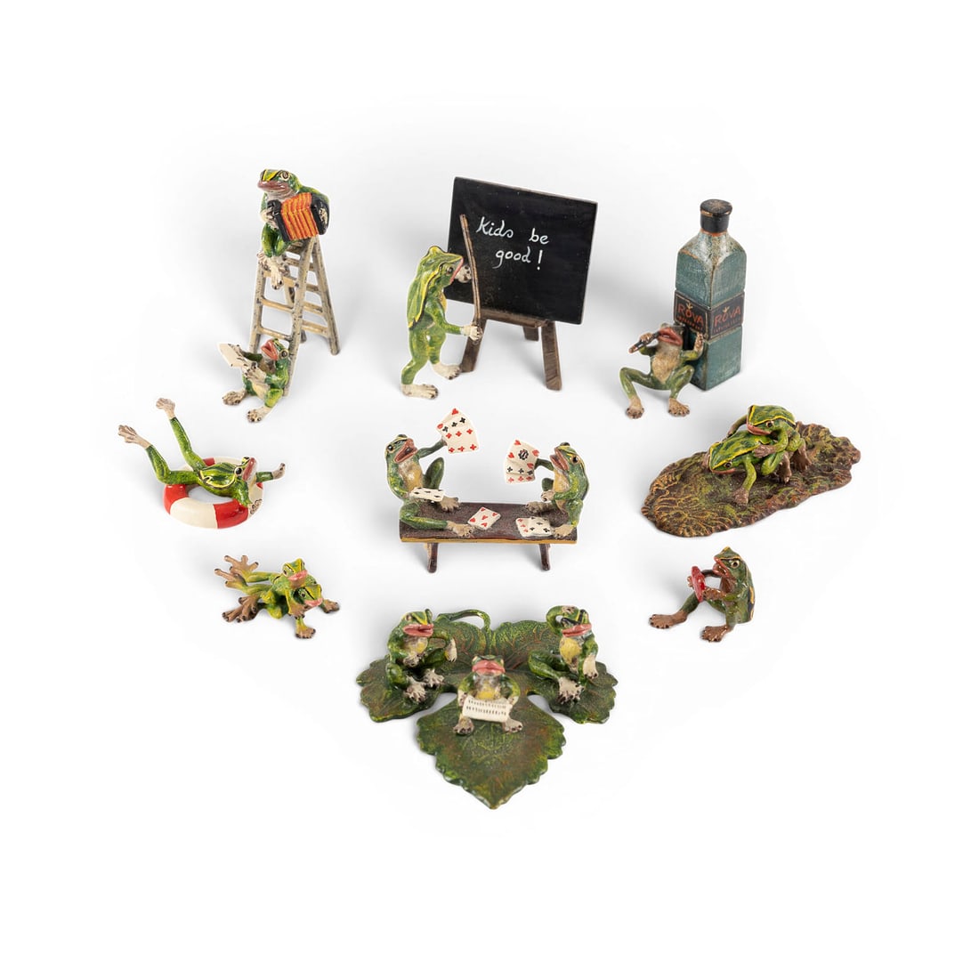 WIENER BILDPLASTIKER | KONVOLUT VON NEUN KLEINEN FROSCHFIGUREN 'FREIZEIT': VIENNESE SCULPTOR Active in the 20th century COLLECTION OF NINE SMALL FROG FIGURES: 'LEISURE TIME' Viennese bronze, polychrome finish. Heights ranging from 2 to 5 cm. Some marked 'FBW' (Fritz Bermann 