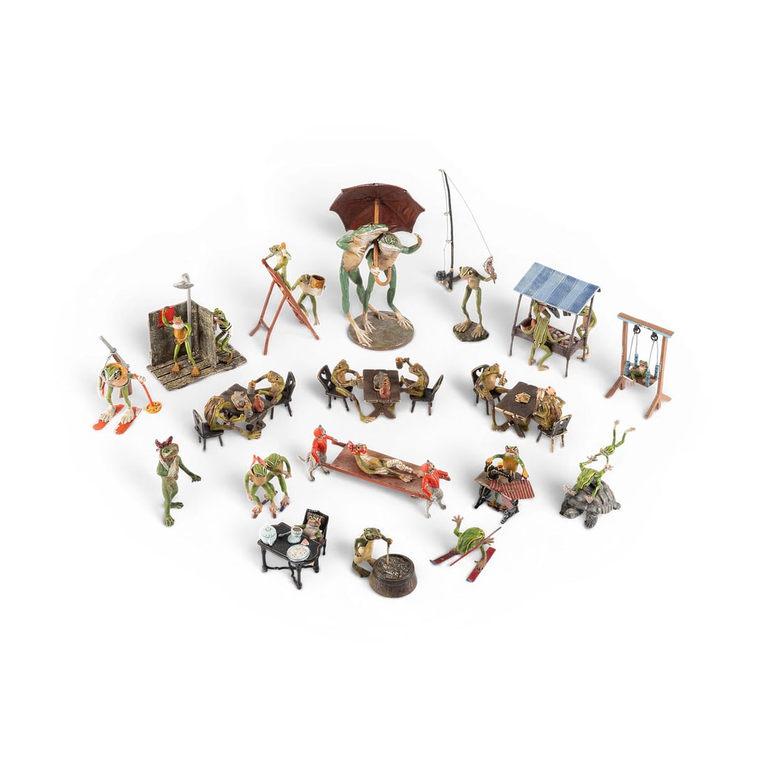 WIENER BILDPLASTIKER | GROSSES KONVOLUT VON 18 FROSCHFIGUREN 'FREIZEIT': VIENNA SCULPTOR Active in the 20th century LARGE COLLECTION OF 18 FROG FIGURES 'LEISURE' Viennese bronze, polychrome painted. Heights ranging from 4 to 13 cm. Some marked 'KK' (Imperial-Royal) and 'FB