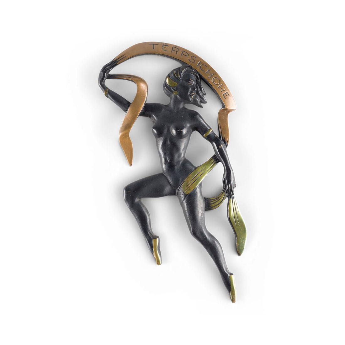 WIENER BILDPLASTIKER | RELIEF TAeNZERIN 'TERPSICHORE': VIENNESE SCULPTOR Active 20th century RELIEF OF THE DANCER 'TERPSICHORE' Bronze, black patina with gold-colored accents, relief-molded. H. 30, W. 15, D. 2 cm; weight approx. 0.63 kg. Depiction of the 