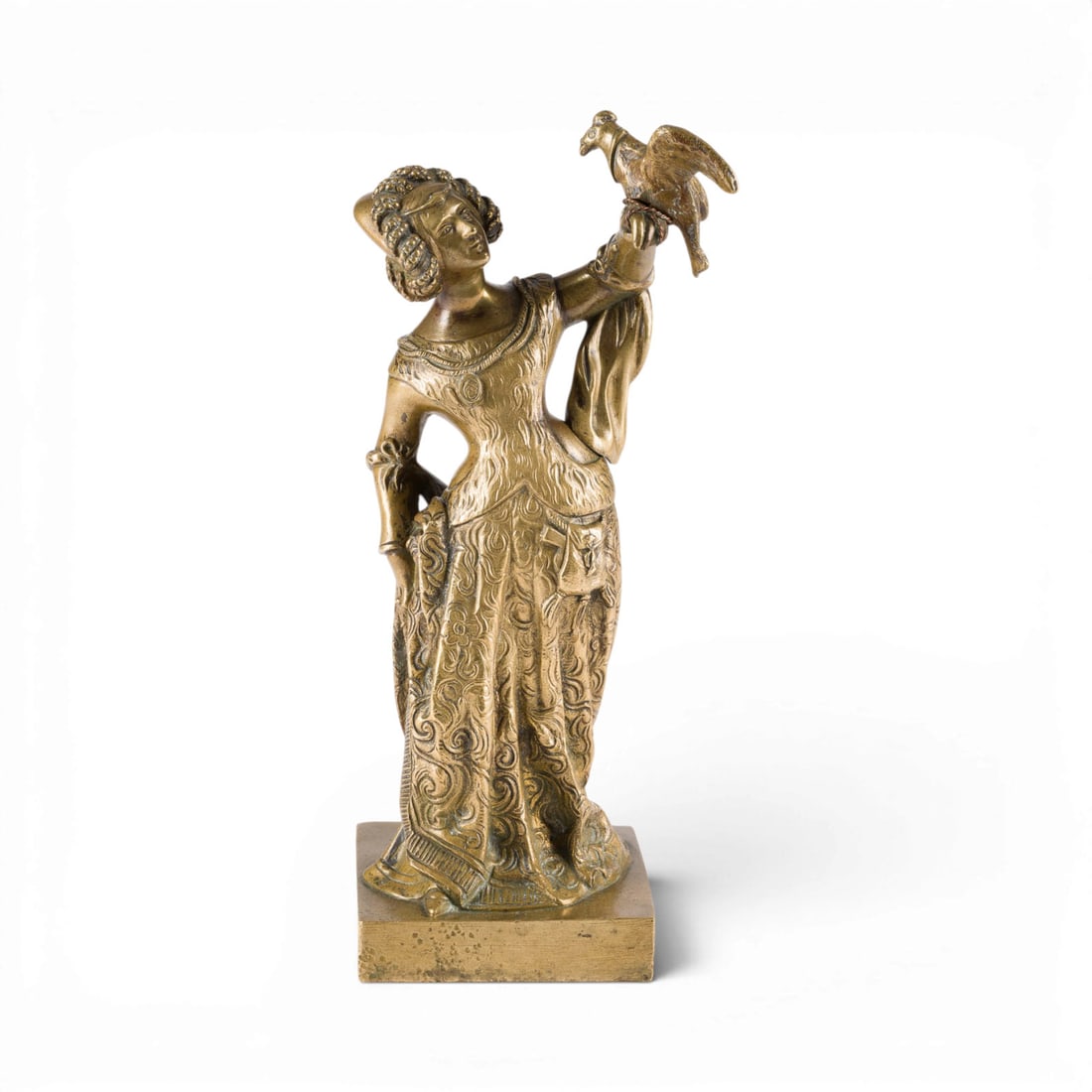 UNBEKANNTER BILDPLASTIKER | MARIA VON BURGUND MIT FALKE: UNKNOWN SCULPTOR Active early 20th century MARY OF BURGUNDY WITH A FALCON Brass, with a gold-toned patina and fine chasing; mounted on a square plinth. H. 21, W. 9.5, D. 7.5 cm; weight approx. 0.91 kg