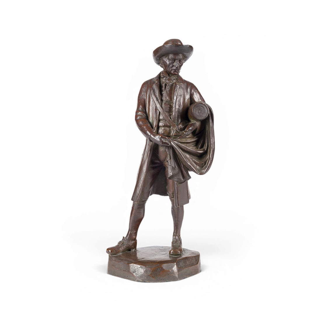 ALFRED ADLOFF | 'GOETHE AUF DER ITALIENISCHEN REISE': ALFRED ADLOFF 1874 Duesseldorf - after 1937 Araraquara (Brazil) 'GOETHE ON HIS ITALIAN JOURNEY' 1907 Bronze, dark brown patina with slight green highlights, on a naturalistic plinth. H. 43.5, W. 18, D
