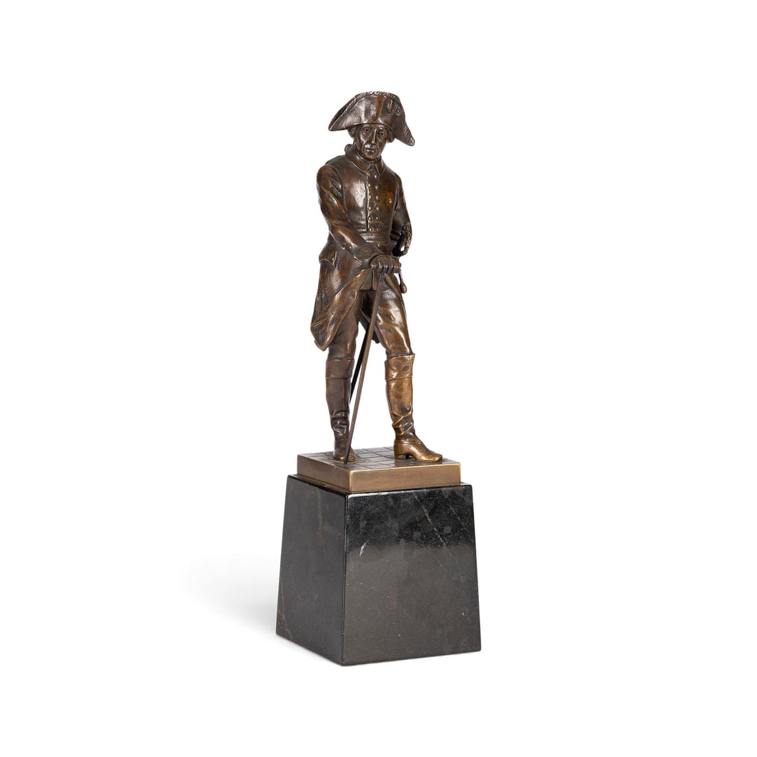 P. KLOSE | FRIEDRICH DER GROSSE ('ALTER FRITZ'): P. KLOSE German sculptor, active early 20th century FREDERICK THE GREAT ('OLD FRITZ') Bronze with dark brown patina, on a square plinth and tall marble base (H. 10 cm). Total height 33 cm, width 9 cm,