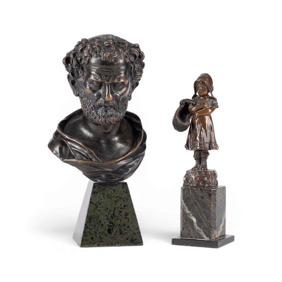 JULIUS PAUL SCHMIDT-FELLING | ZWEI BRONZEFIGUREN: MAeDCHEN MIT KORB UND BUeSTE EINES PHILOSOPHEN: JULIUS PAUL SCHMIDT-FELLING 1835 Berlin - 1920 TWO BRONZE FIGURES: GIRL WITH BASKET AND BUST OF A PHILOSOPHER Bronze, dark patina, each on a marble base. Height 19 and 23 cm. Girl signed 'Schmidt-Fell