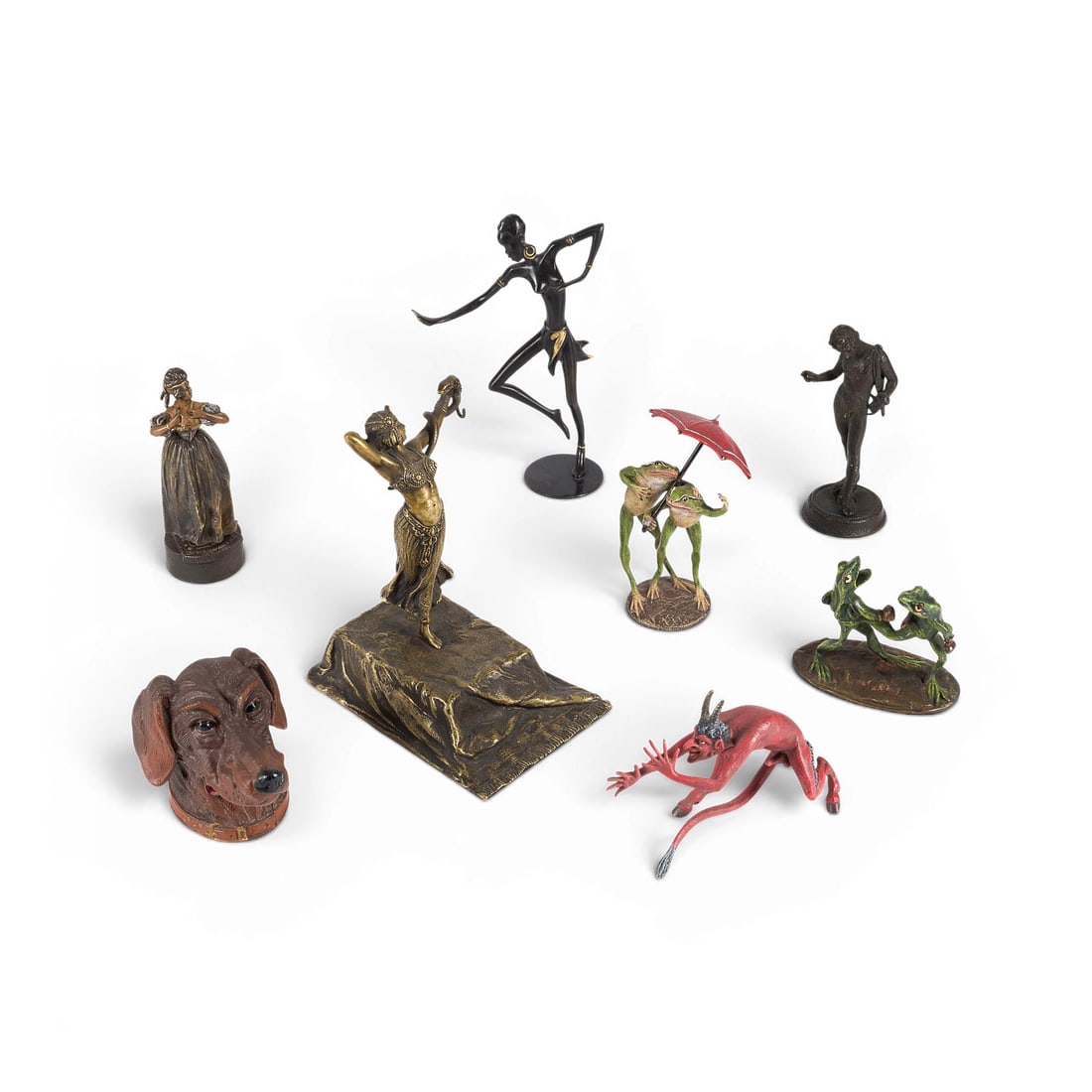 DIVERSE BILDPLASTIKER | KONVOLUT VON ACHT FIGUREN: VARIOUS SCULPTORS Active 19th/20th century GROUP OF EIGHT FIGURES Bronze, with dark and light patina and polychrome finish. Heights ranging from 8 to 17 cm. Some pieces marked and signed. Group of eig