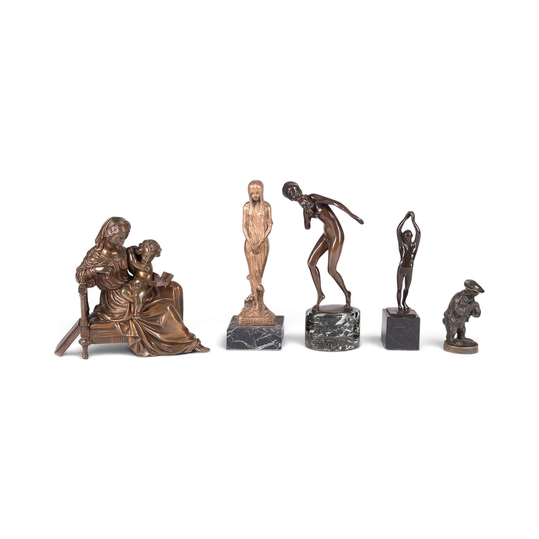 DIVERSE BILDPLASTIKER | KONVOLUT VON FUeNF BRONZEFIGUREN: VARIOUS SCULPTORS Active 19th/20th century GROUP OF FIVE BRONZE FIGURES Bronze, with dark and light patination; some mounted on bases. Heights ranging from 10.5 to 24 cm. Some marked and signed. 'Feu 