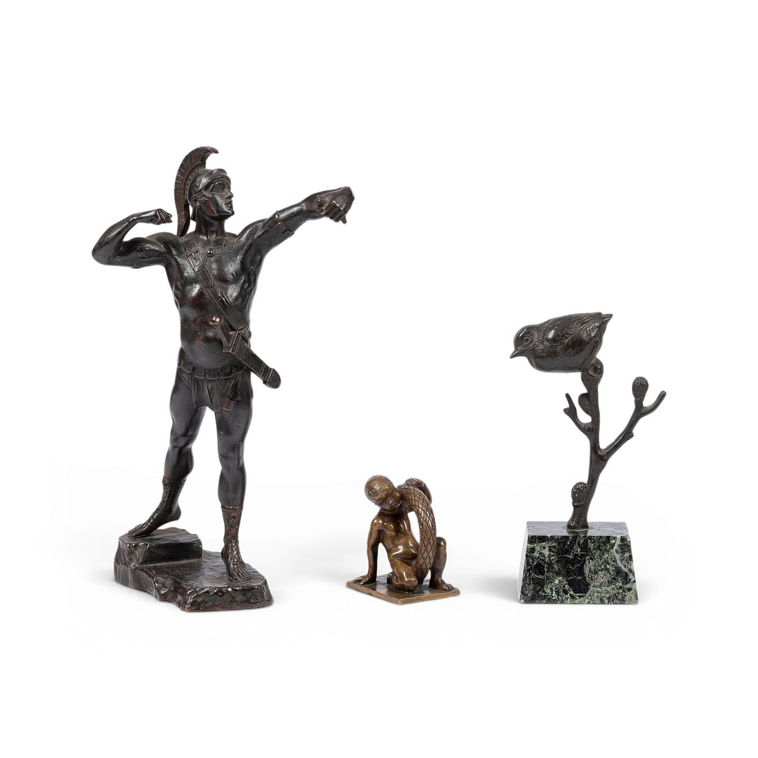 DIVERSE BILDPLASTIKER | KONVOLUT VON DREI BRONZEPLASTIKEN: VARIOUS SCULPTORS Active 19th/20th century GROUP OF THREE BRONZE SCULPTURES Bronze, dark and brown patina. Height 7 to 26 cm. Albert Huggler (1864-1938), 'Seated Boy with Wreath', bronze, brown patina