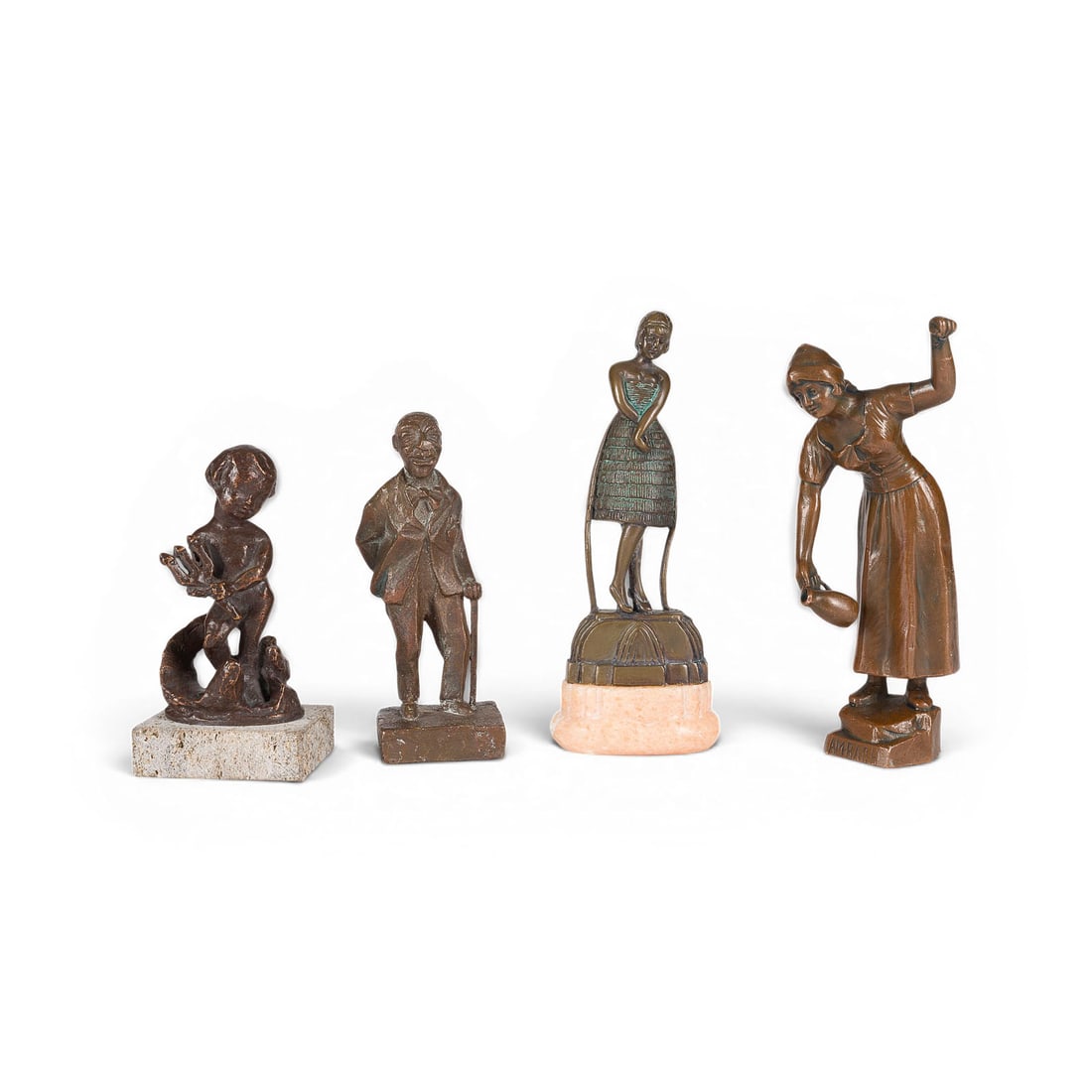 DIVERSE BILDPLASTIKER | KONVOLUT VON VIER FIGUREN: NEPTUN PUTTO, SCHENKMAGD, MANN MIT SPAZIERSTOCK U: VARIOUS SCULPTORS Active 19th/20th century GROUP OF FOUR FIGURES: NEPTUNE PUTTO, BARMAID, MAN WITH WALKING STICK, AND DANCER Bronze, dark and brown patina, some on bases. Height 11 to 15 cm. Group com