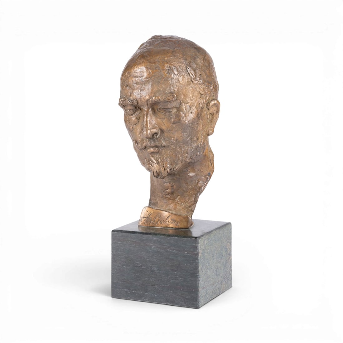 DEUTSCHER BILDPLASTIKER | PORTRAeTBUeSTE 'EMIL ADOLF VON BEHRING': GERMAN SCULPTOR Active early 20th century PORTRAIT BUST OF 'EMIL ADOLF VON BEHRING' Bronze, brown patina, on a square marble base (H. 6.5 cm). Total H. 24, W. 9, D. 8.5 cm. Unsigned; titled 'E. Behrin