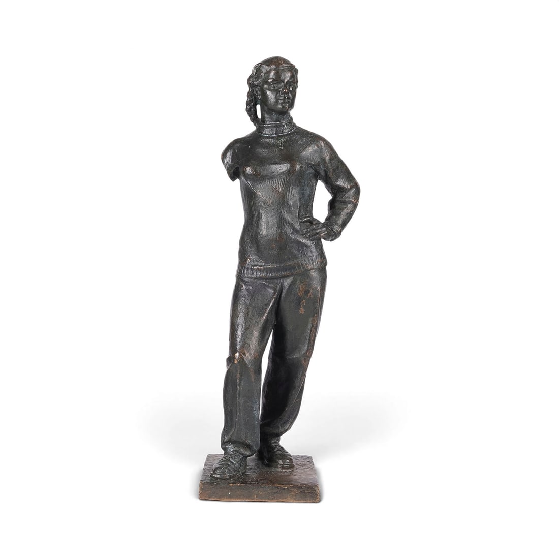 UNBEKANNTER BILDPLASTIKER | 'JUNGE STEHENDE FRAU MIT ZOPF': UNKNOWN SCULPTOR Active 20th century 'YOUNG WOMAN STANDING WITH A BRAID' Bronze, dark brown patina, on a square plinth. H. 53.5, W. 14.5, D. 14.5 cm; weight approx. 12.32 kg. Unsigned. Fully modeled f