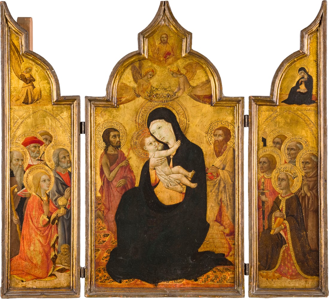 GENTILE DA FABRIANO (NACHFOLGER DES WOHL 18. JH.) | TRIPTYCHON MIT DER MADONNA DER DEMUT UND HEILIGE: GENTILE DA FABRIANO (FOLLOWER, PROBABLY 18TH CENTURY) 1370 Fabriano - 1427 Rome TRIPTYCH WITH THE MADONNA OF HUMILITY AND SAINTS Oil on panel. 61 x 66.5 cm. Verso: Inscribed in an old hand: 'Gentile d