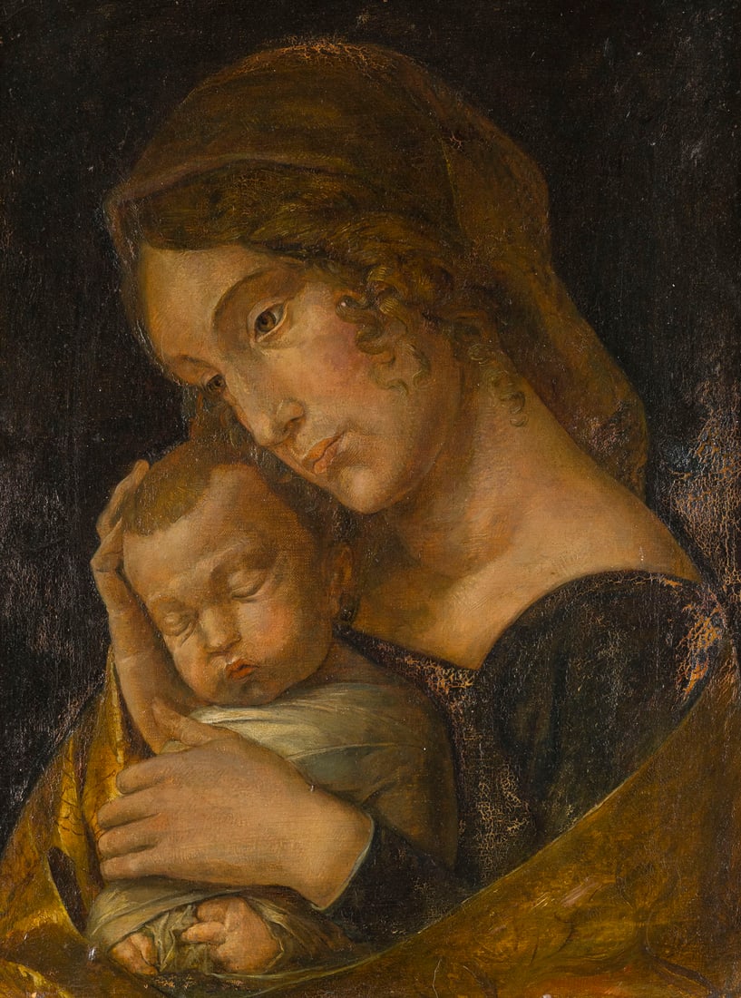 ANDREA MANTEGNA (NACHFOLGER) | MARIA MIT DEM SCHLAFENDEN KIND: ANDREA MANTEGNA (FOLLOWER) 1431 Isola Mantegna - 13 September 1506 Mantua MARY WITH THE SLEEPING CHILD Oil on canvas. 43.5 x 32.5 cm (F. 61 x 50.5 cm). Part. min. old rest., part. min. old retouching,