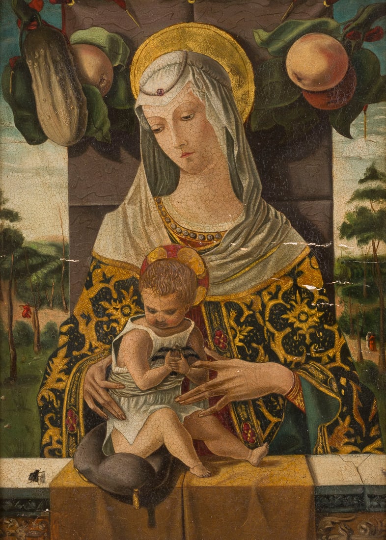 CARLO CRIVELLI (NACHFOLGER DES 19. JH.) | LENTI MADONNA: CARLO CRIVELLI (FOLLOWER OF THE 19TH CENTURY) 1435 Venice - 1495 Ascoli Piceno LENTI MADONNA Oil on oak panel. 52 x 37.5 cm (F. 67 x 52 cm). Min. old rest., part. min. old retouching, craquelure. Fram