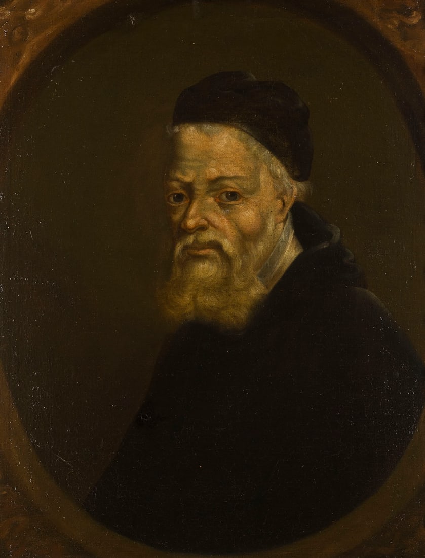 OBERITALIENISCHE SCHULE DES 17. JH. | BILDNIS EINES GELEHRTEN: NORTH-ITALIAN SCHOOL OF THE 17TH CENTURY PORTRAIT OF A SCHOLAR Oil on canvas (relined). 80.5 x 62.5 cm (F. 92 x 74.5 cm). Part. min. old rest. Frame. Provenance: Private collection, North Rhine-Westph