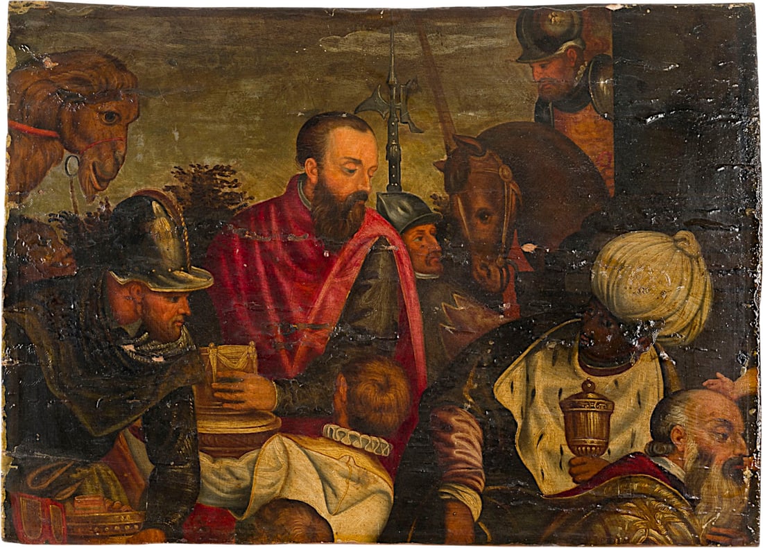 ITALO-FLAeMISCHE SCHULE DES 17. JH. | DIE ANBETUNG DER HEILIGEN DREI KOeNIGE: ITALO-FLEMISH SCHOOL OF THE 17TH CENTURY THE ADORATION OF THE MAGI Oil on oak panel (fragment). 39 x 54 cm (F. 50 x 64 cm). Old rest., old retouching, raised craquelure, losses of paint. Frame. Proven