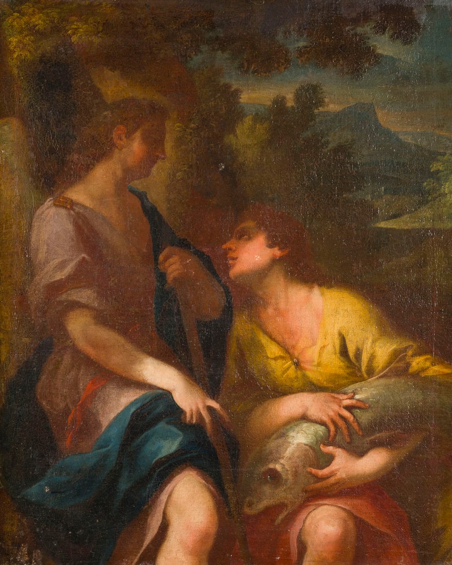 ITALIENISCHE SCHULE DES 19. JH. | TOBIAS UND DER ERZENGEL RAPHAEL: ITALIAN SCHOOL OF THE 19TH CENTURY TOBIAS AND THE ARCHANGEL RAPHAEL Oil on canvas (relined). 76 x 62.5 cm (F. 87.5 x 74 cm). Part. min. old rest., min. old retouching, slightly soiled surface. Frame. 