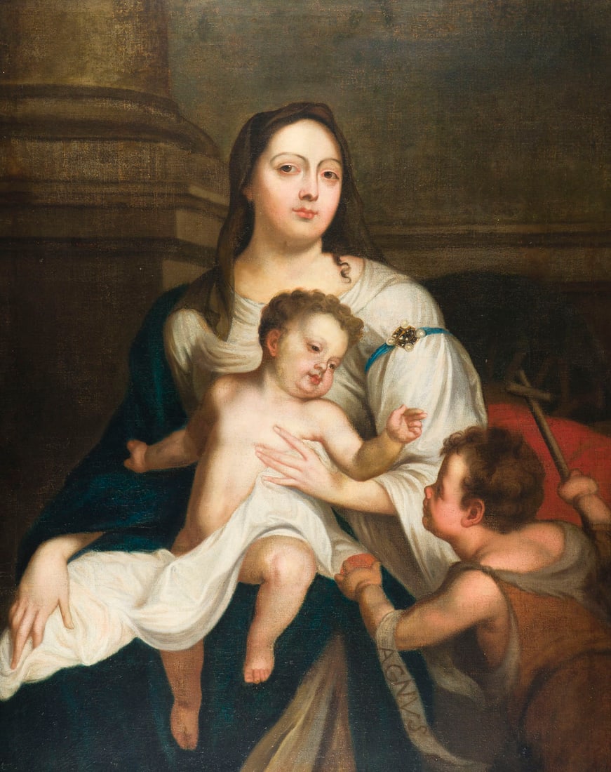 BARTOLOME ESTEBAN MURILLO (UMKREIS) | MADONNA MIT KIND UND DEM JOHANNESKNABEN: CIRCLE OF BARTOLOME ESTEBAN MURILLO Baptized January 1, 1618, Seville - April 3, 1682, ibid. MADONNA WITH CHILD AND SAINT JOHN THE BAPTIST AS A CHILD Oil on canvas (relined). 128 x 100 cm (F. 136 x 10