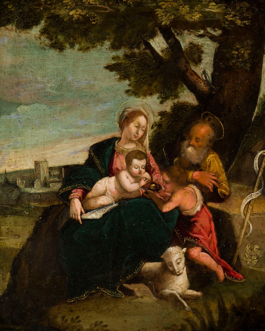 PIETER VAN AVONT (SCHULE) | DIE HEILIGE FAMILIE MIT JOHANNESKNABEN: PIETER VAN AVONT (SCHOOL) 14 January 1600 Mechelen - 1 November 1652 Deurne, Antwerp THE HOLY FAMILY WITH THE INFANT SAINT JOHN Oil on copper plate. 23 x 17 cm (F. 32.5 x 27.5 cm). Part. min. old rest