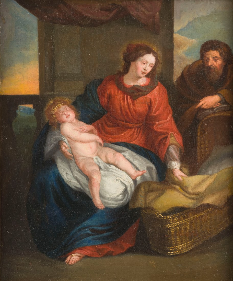 FLAeMISCHE SCHULE DES 18. JH. | DIE HEILIGE FAMILIE: FLEMISH SCHOOL OF THE 18TH CENTURY THE HOLY FAMILY Oil on canvas. 40.5 x 33.5 cm (F. 51 x 44 cm). Part. min. old rest., part. min. old retouching. Frame. Provenance: Private collection, North Rhine-We