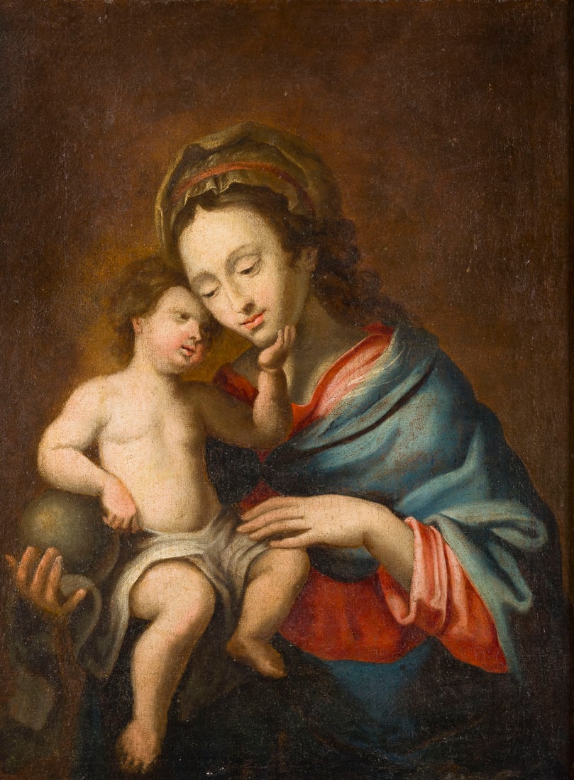 GIANBETTINO CIGNAROLI (SCHULE) | MADONNA MIT KIND UND WELTKUGEL: GIANBETTINO CIGNAROLI (SCHOOL) 4 July 1706 Verona - 1 December 1770 ibid. MADONNA AND CHILD WITH GLOBE Oil on canvas (relined). 62 x 47 cm (F. 72 x 56.5 cm). Part. min. old rest., min. old retouching.